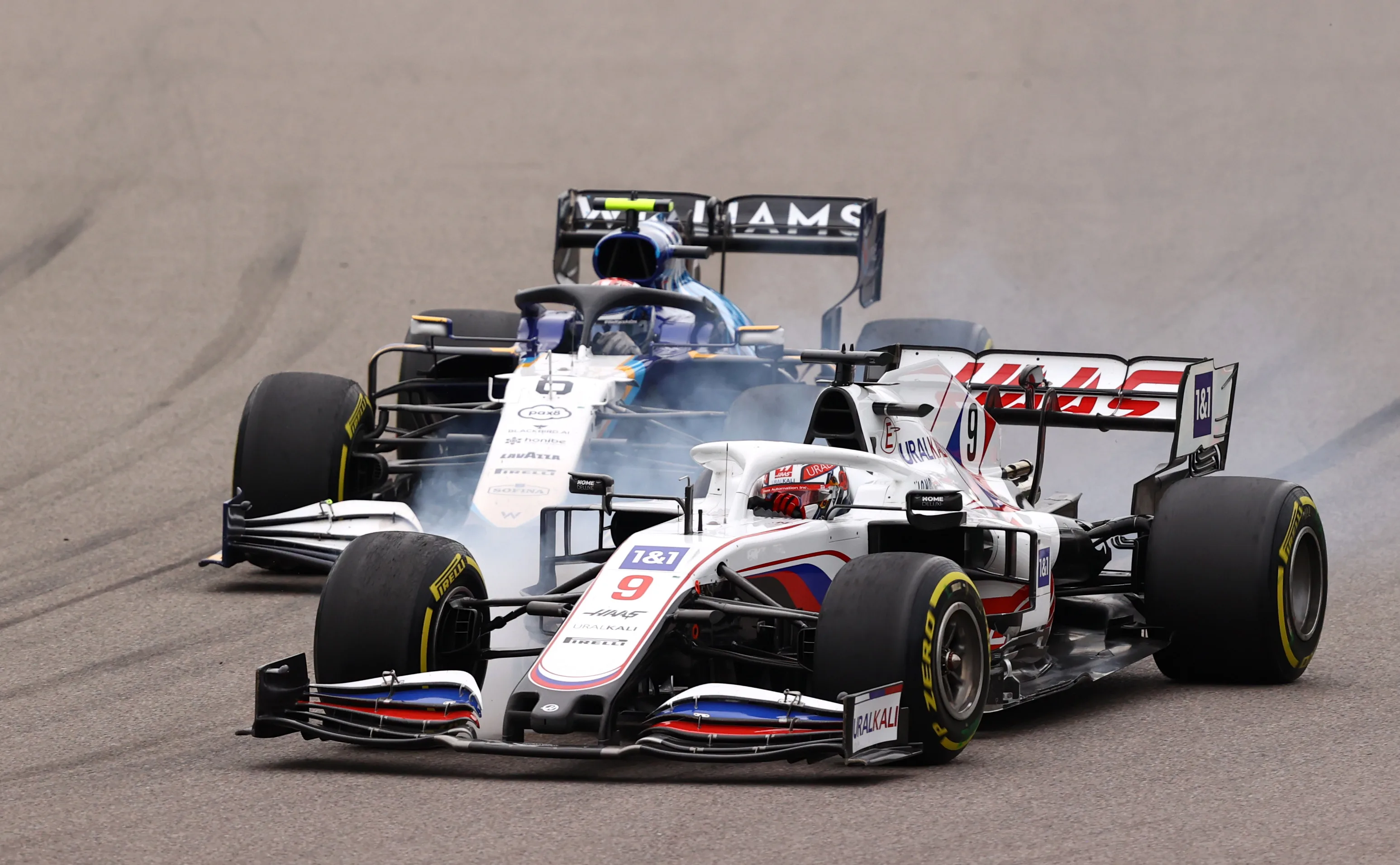 SOCHI, RUSSIA - SEPTEMBER 26: Nikita Mazepin of Russia driving the (9) Haas F1 Team VF-21 Ferrari