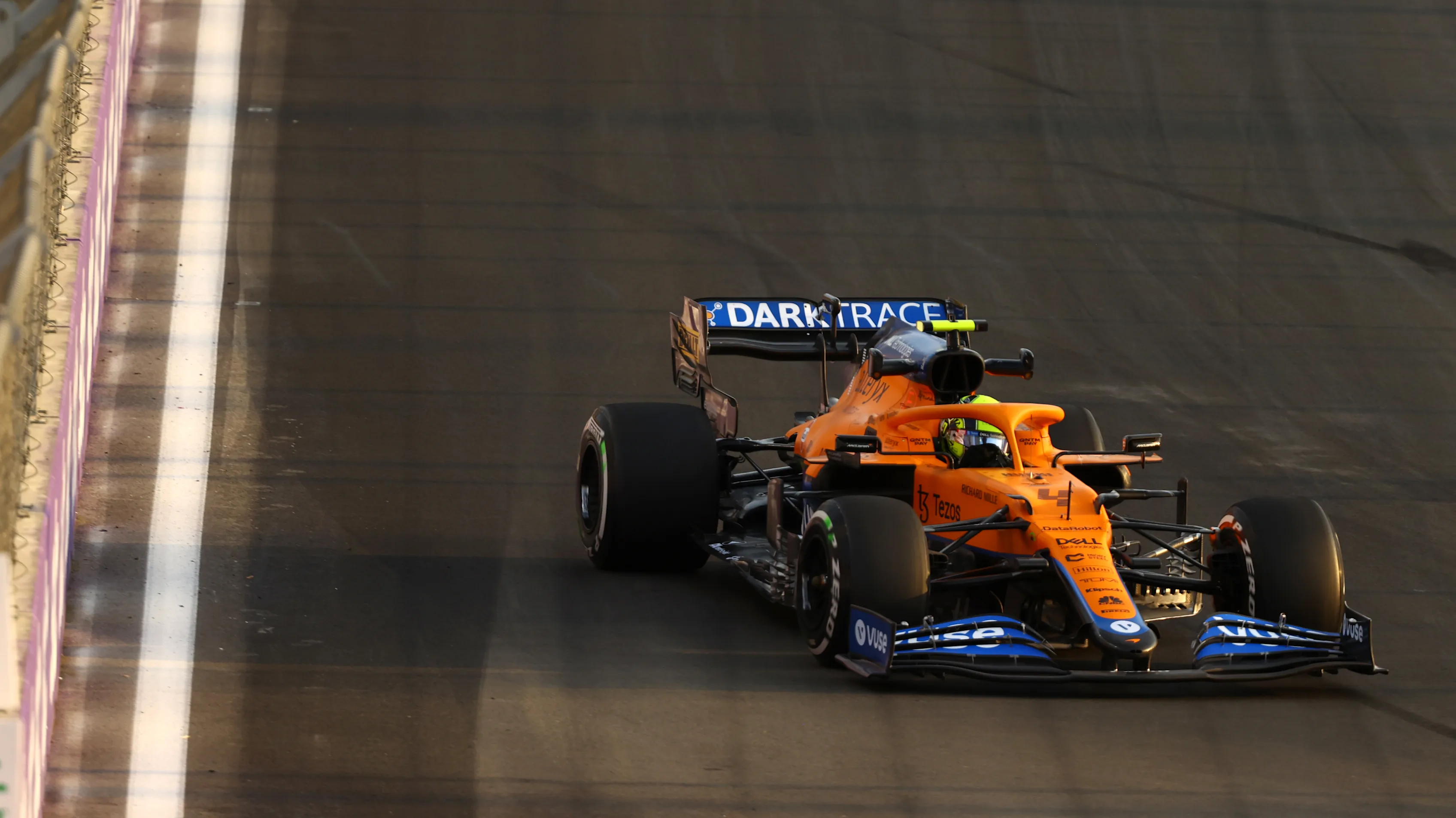 JEDDAH, SAUDI ARABIA - DECEMBER 03: Lando Norris of Great Britain driving the (4) McLaren F1 Team MCL35M Mercedes during practice ahead of the F1 Grand Prix of Saudi Arabia at Jeddah Corniche Circuit on December 03, 2021 in Jeddah, Saudi Arabia. (Photo by Bryn Lennon - Formula 1/Formula 1 via Getty Images)
