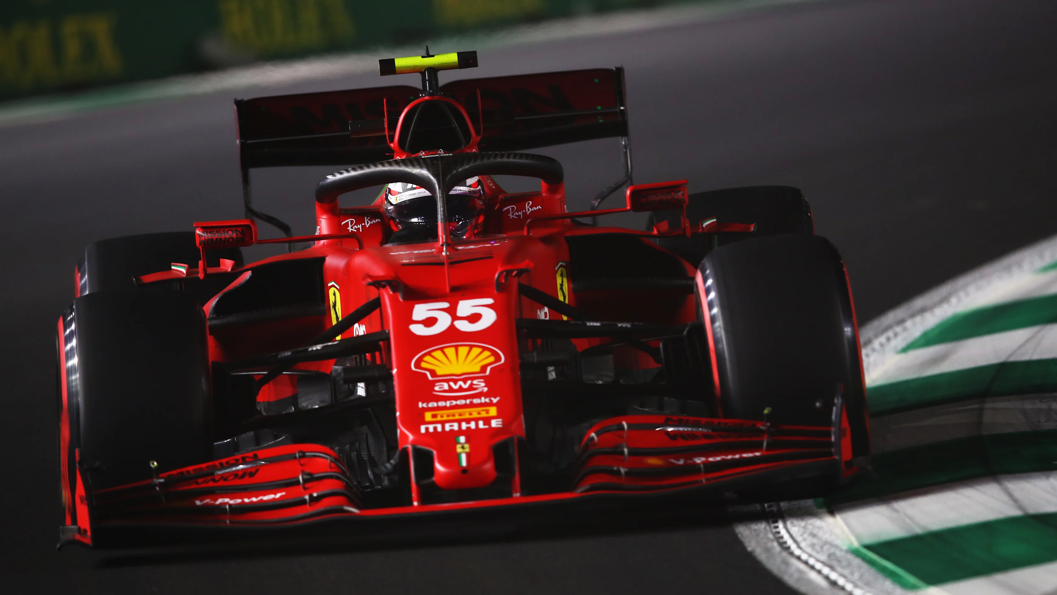 JEDDAH, SAUDI ARABIA - DECEMBER 03:Carlos Sainz of Spain driving the (55) Scuderia Ferrari SF21  during practice ahead of the F1 Grand Prix of Saudi Arabia at Jeddah Corniche Circuit on December 03, 2021 in Jeddah, Saudi Arabia. (Photo by Joe Portlock - Formula 1/Formula 1 via Getty Images)