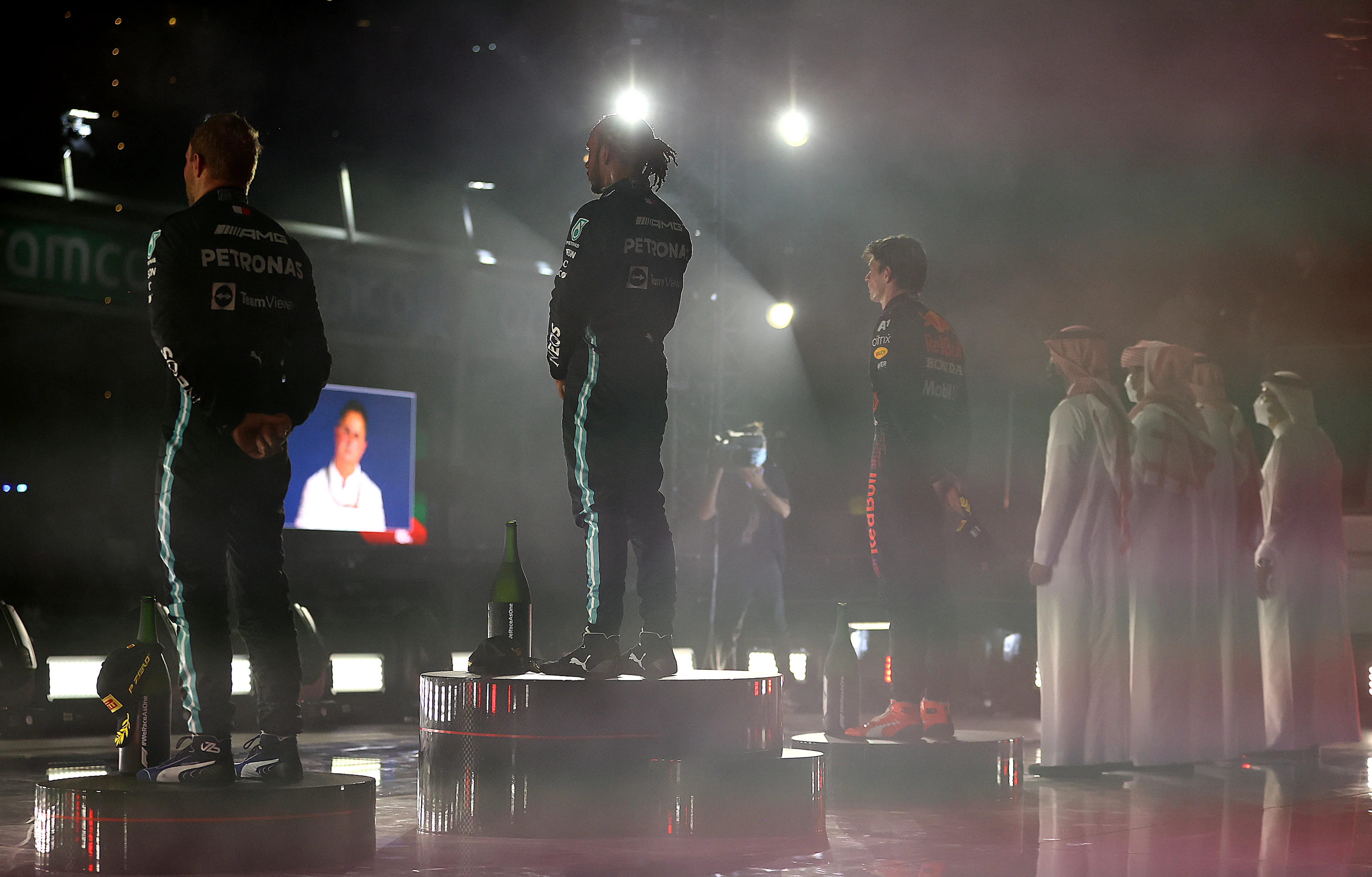 JEDDAH, SAUDI ARABIA - DECEMBER 05: Race winner Lewis Hamilton of Great Britain and Mercedes GP,