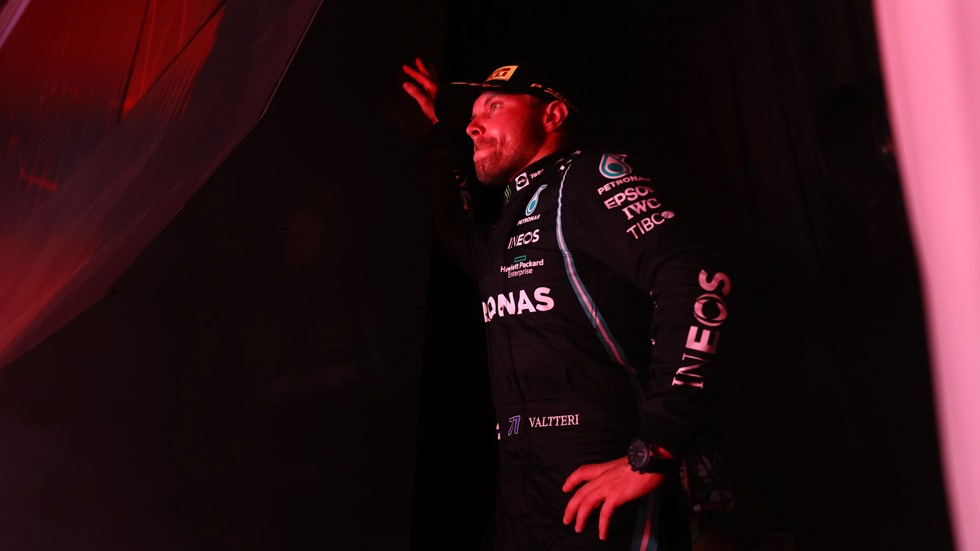 JEDDAH, SAUDI ARABIA - DECEMBER 05: Third placed Valtteri Bottas of Finland and Mercedes GP celebrates on the podium during the F1 Grand Prix of Saudi Arabia at Jeddah Corniche Circuit on December 05, 2021 in Jeddah, Saudi Arabia. (Photo by Bryn Lennon - Formula 1/Formula 1 via Getty Images)
