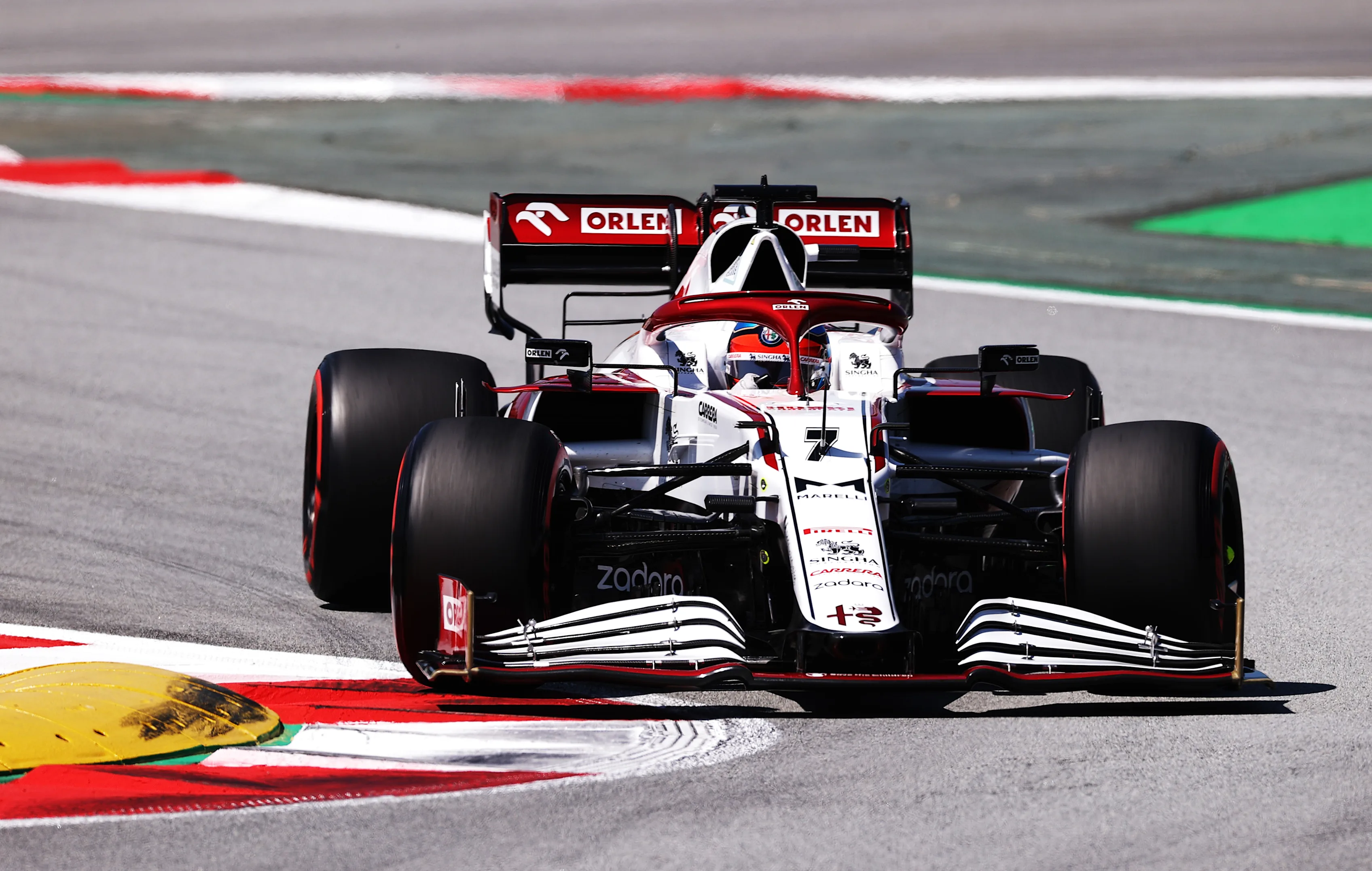 BARCELONA, SPAIN - MAY 08: Kimi Raikkonen of Finland driving the (7) Alfa Romeo Racing C41 Ferrari on track during final practice for the F1 Grand Prix of Spain at Circuit de Barcelona-Catalunya on May 08, 2021 in Barcelona, Spain. (Photo by Lars Baron/Getty Images)