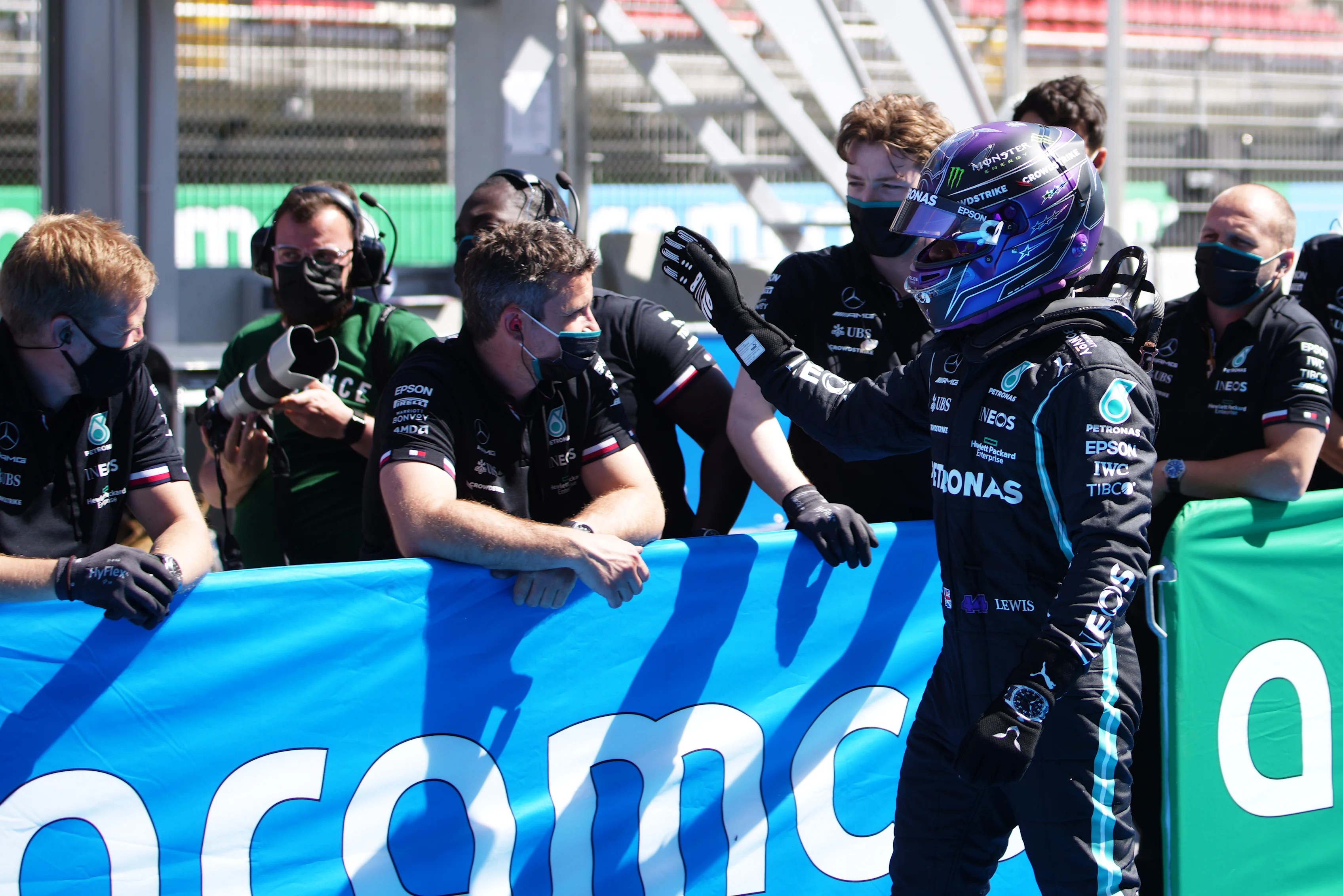 BARCELONA, SPAIN - MAY 08: Pole position qualifier Lewis Hamilton of Great Britain and Mercedes GP celebrates in parc ferme during qualifying for the F1 Grand Prix of Spain at Circuit de Barcelona-Catalunya on May 08, 2021 in Barcelona, Spain. (Photo by Emilio Morenatti - Pool/Getty Images)
