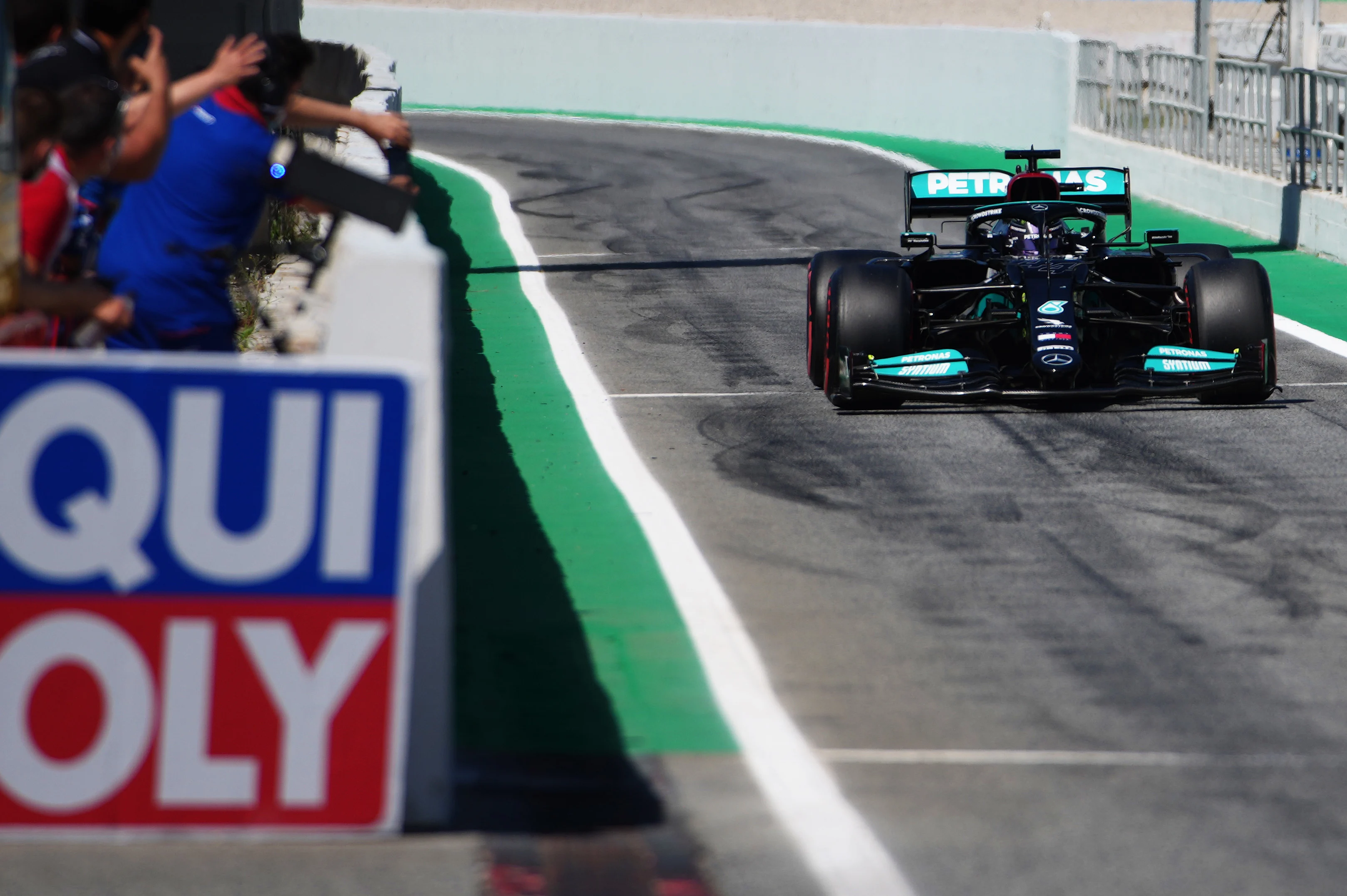 BARCELONA, SPAIN - MAY 08: Pole position qualifier Lewis Hamilton of Great Britain and Mercedes GP