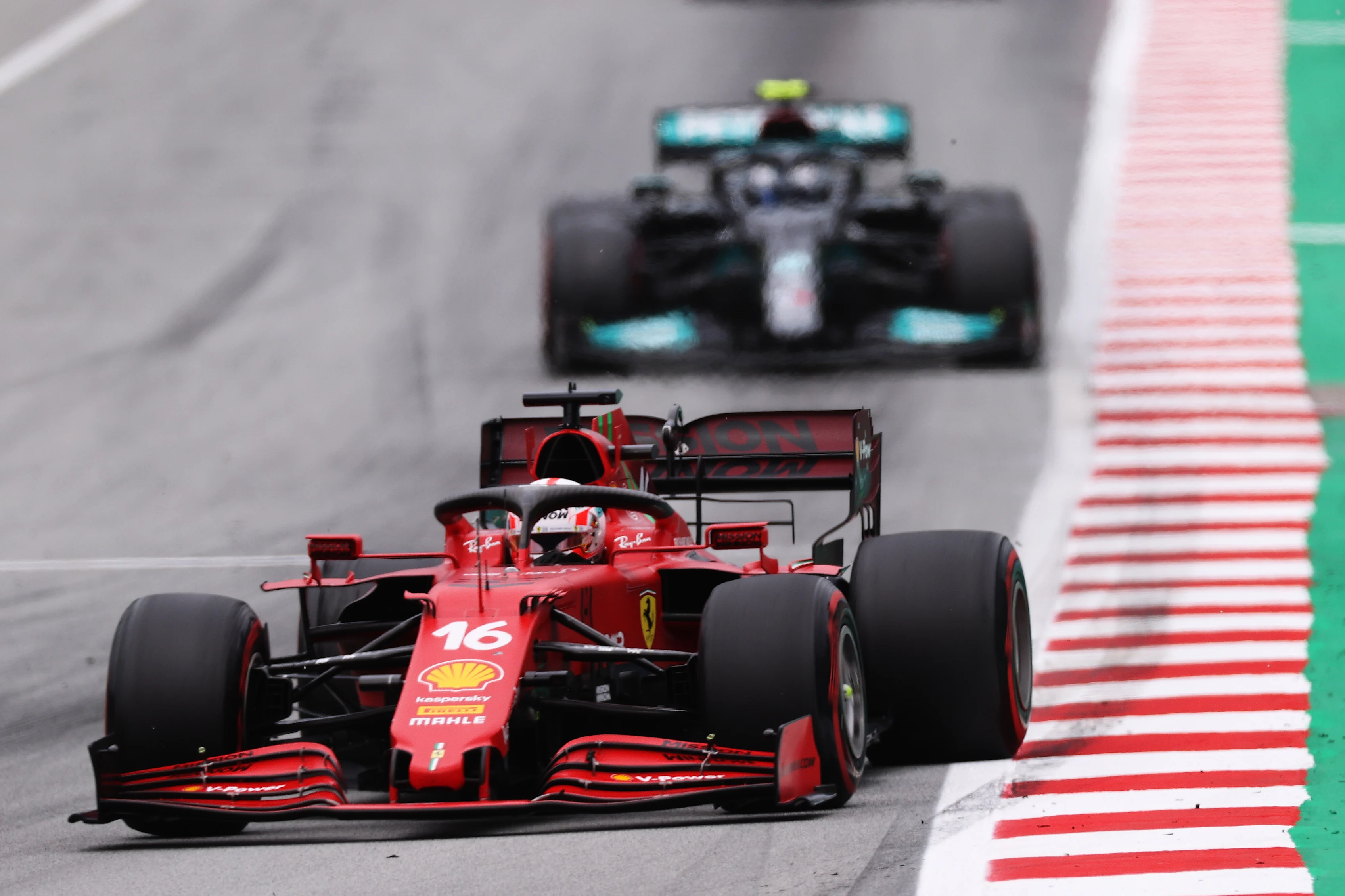 BARCELONA, SPAIN - MAY 09: Charles Leclerc of Monaco driving the (16) Scuderia Ferrari SF21 on