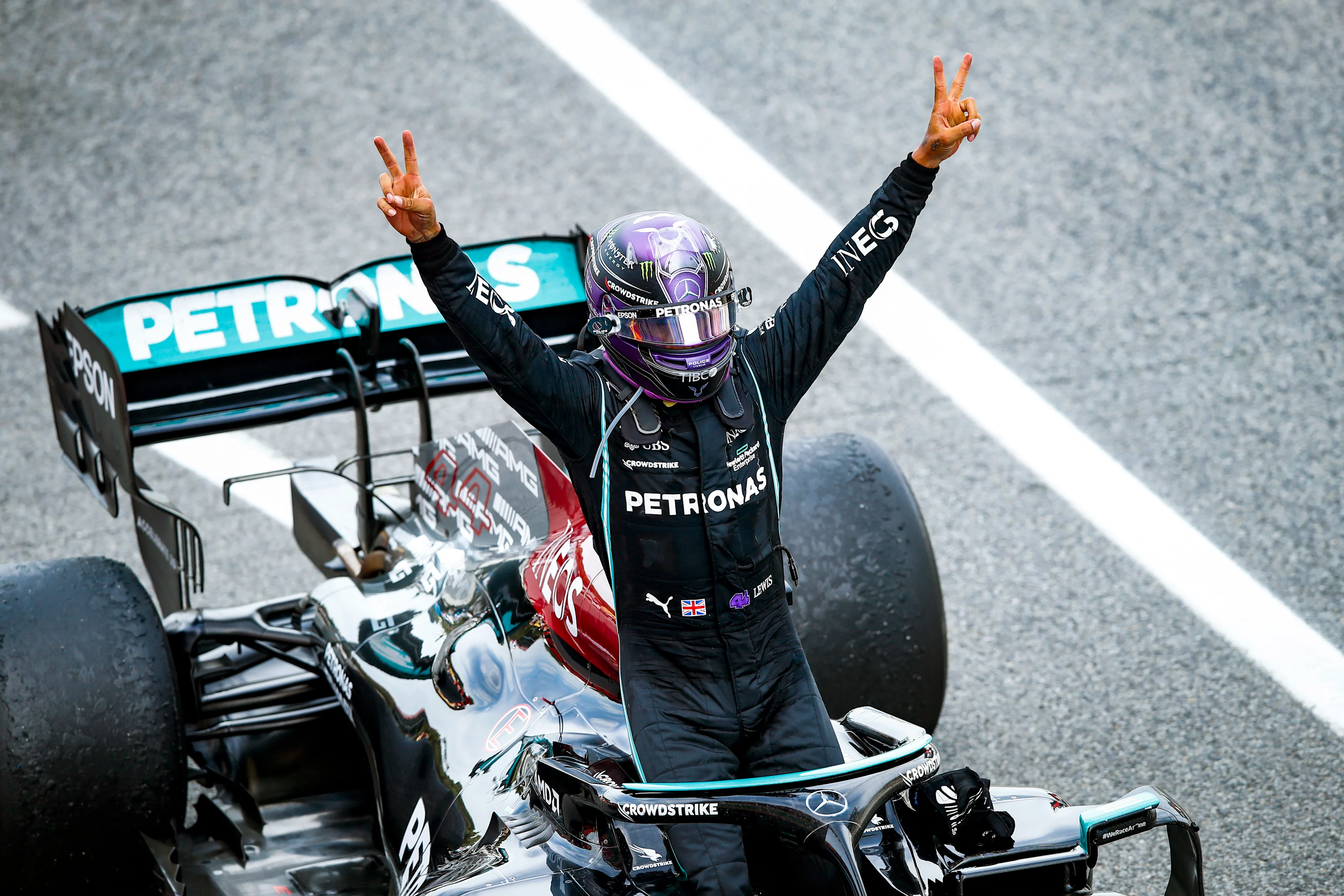 BARCELONA, SPAIN - MAY 09: Race winner Lewis Hamilton of Great Britain and Mercedes GP celebrates