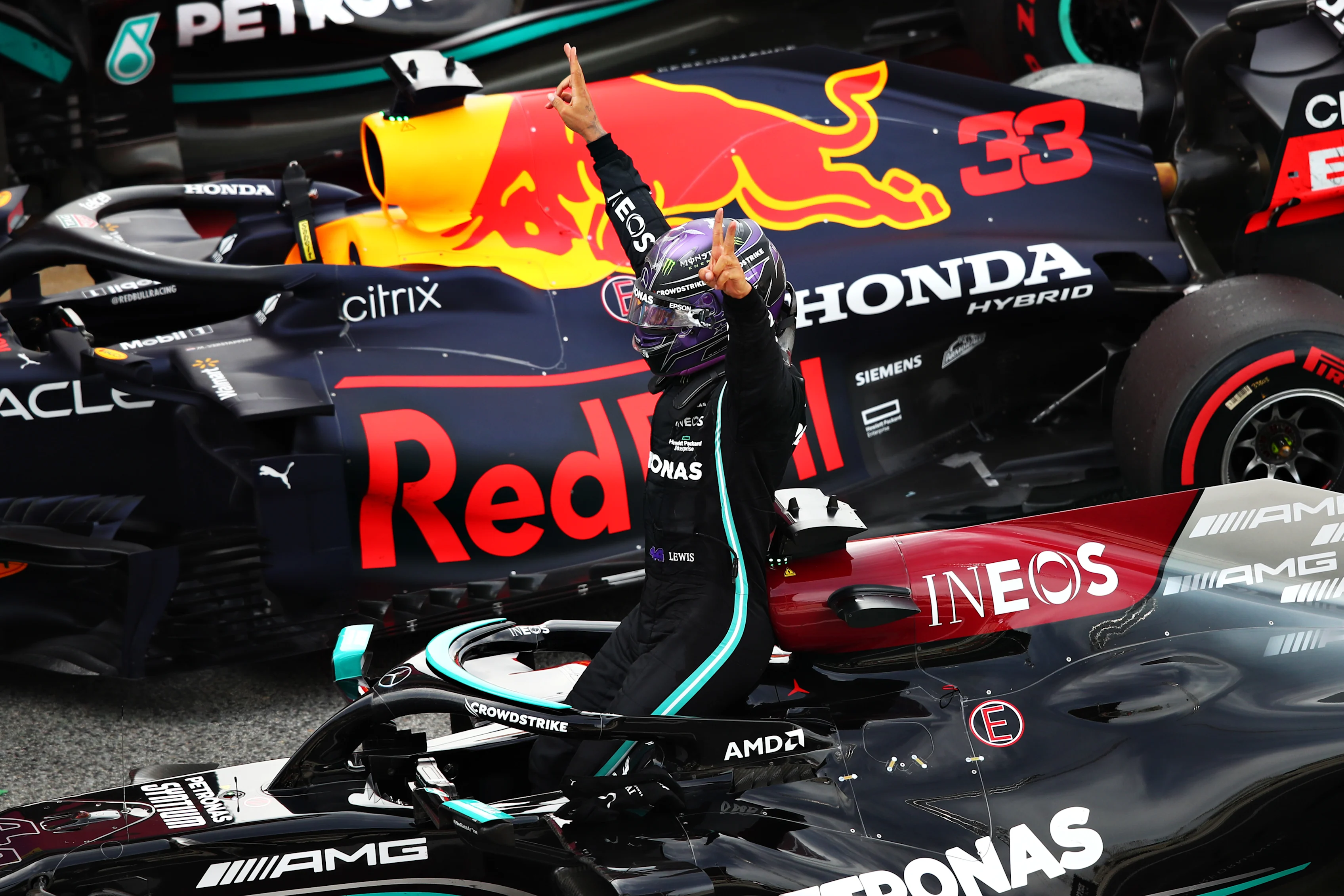 BARCELONA, SPAIN - MAY 09: Race winner Lewis Hamilton of Great Britain and Mercedes GP celebrates