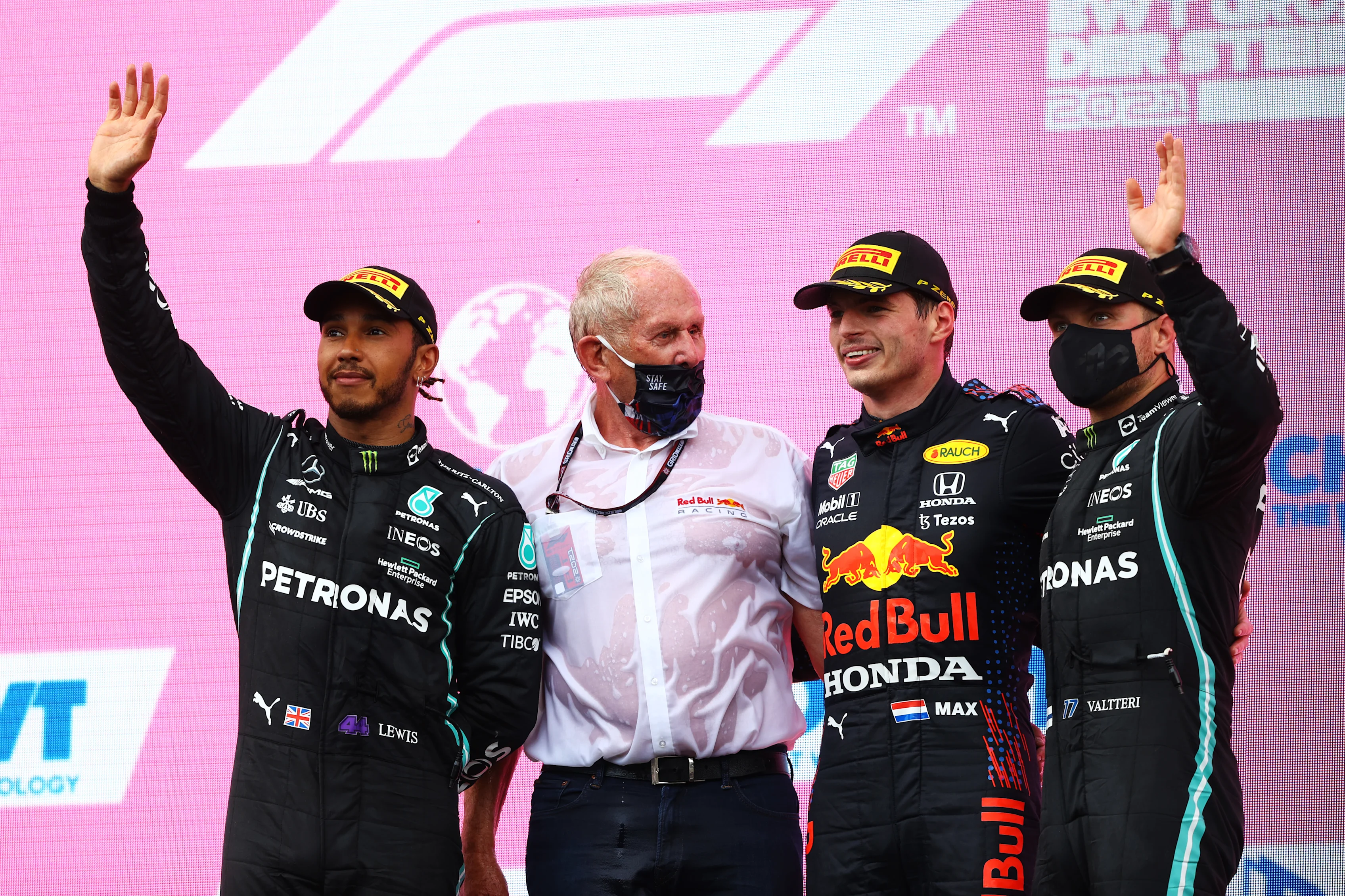SPIELBERG, AUSTRIA - JUNE 27: Race winner Max Verstappen of Netherlands and Red Bull Racing, second