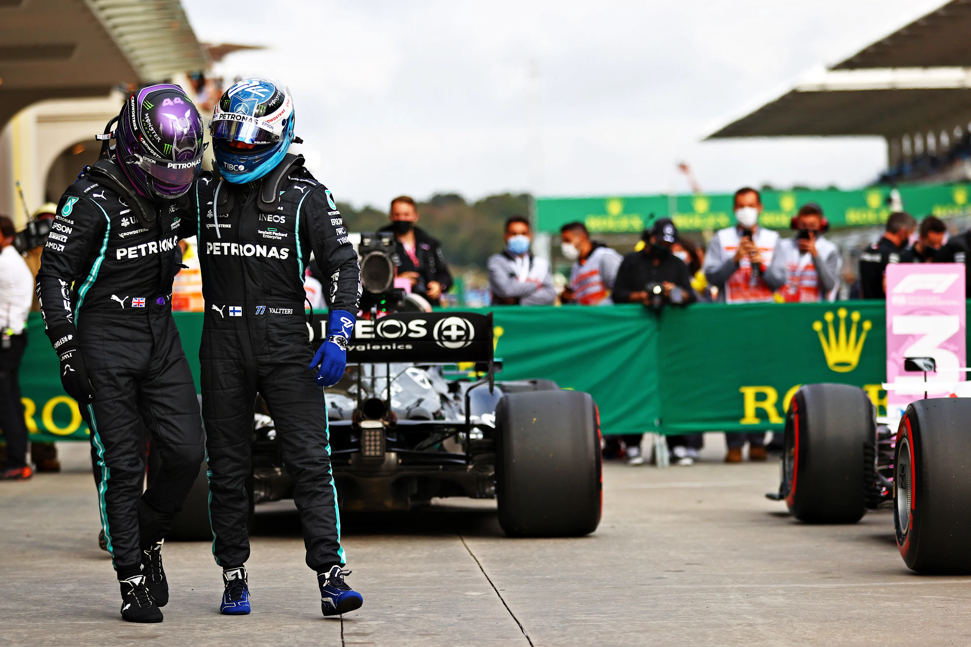 ISTANBUL, TURKEY - OCTOBER 09: Pole position qualifier Lewis Hamilton of Great Britain and Mercedes