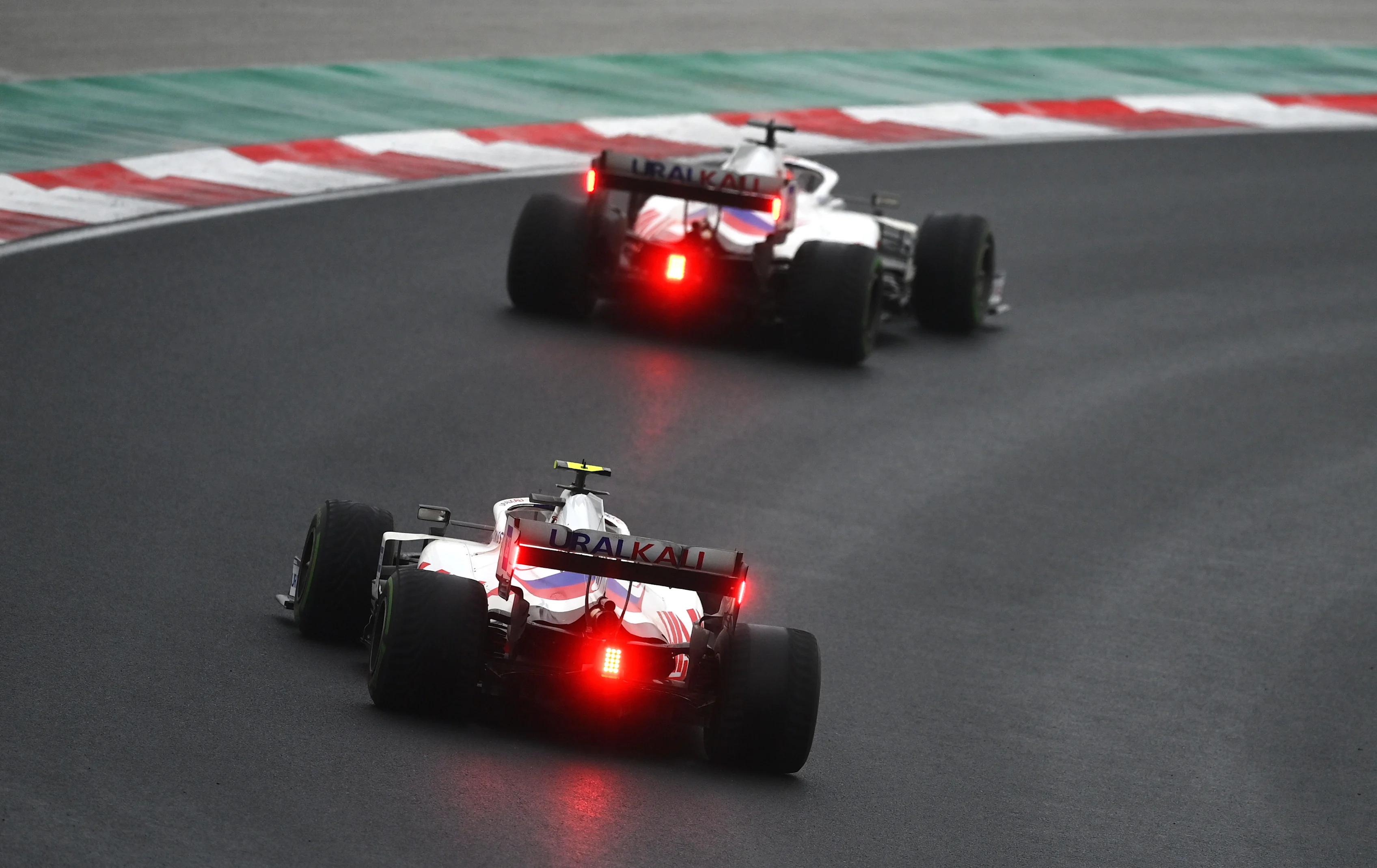 ISTANBUL, TURKEY - OCTOBER 10: Nikita Mazepin of Russia driving the (9) Haas F1 Team VF-21 Ferrari leads Mick Schumacher of Germany driving the (47) Haas F1 Team VF-21 Ferrari during the F1 Grand Prix of Turkey at Intercity Istanbul Park on October 10, 2021 in Istanbul, Turkey. (Photo by Dan Mullan/Getty Images)