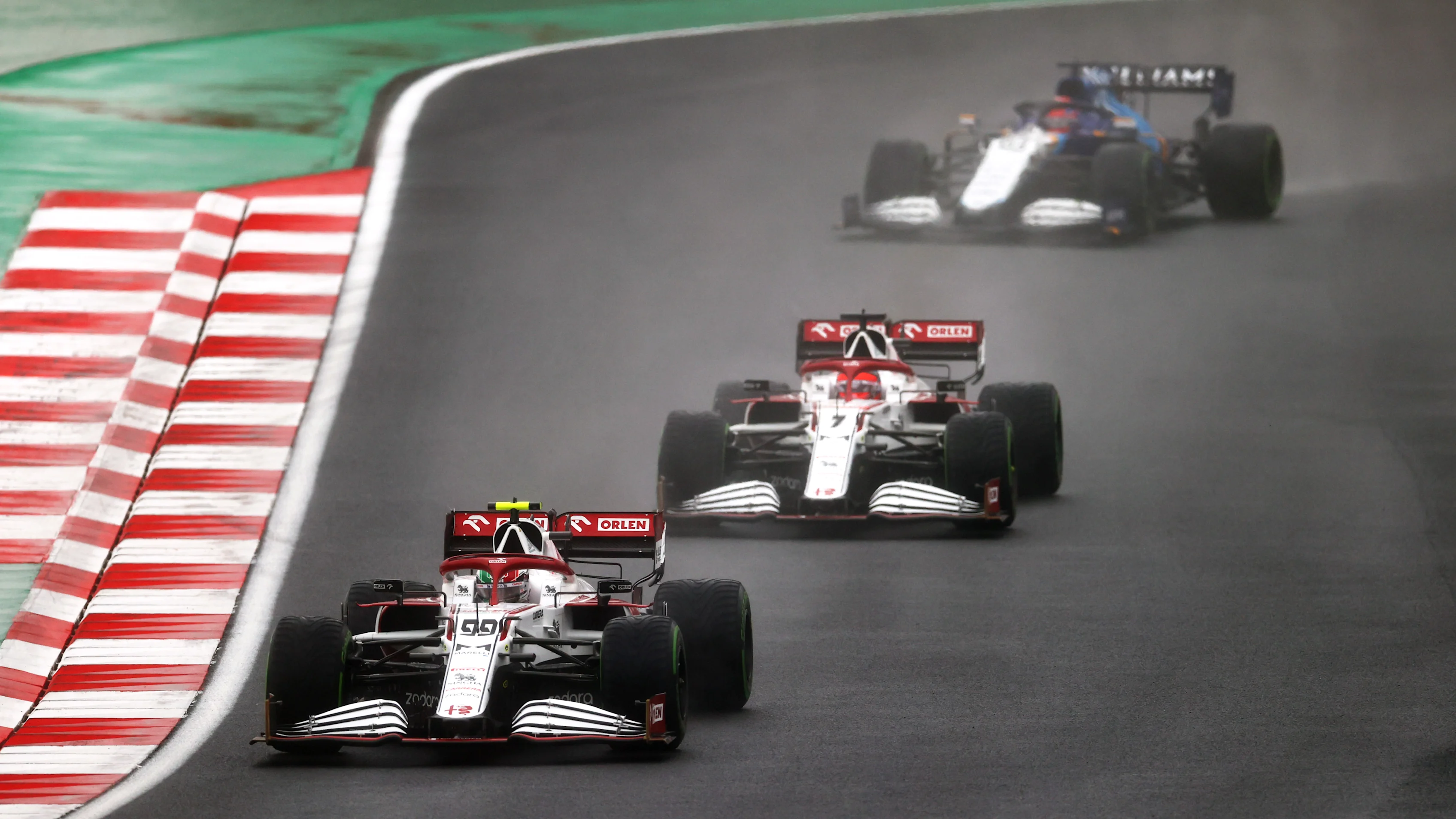 ISTANBUL, TURKEY - OCTOBER 10: Antonio Giovinazzi of Italy driving the (99) Alfa Romeo Racing C41 Ferrari during the F1 Grand Prix of Turkey at Intercity Istanbul Park on October 10, 2021 in Istanbul, Turkey. (Photo by Dan Istitene - Formula 1/Formula 1 via Getty Images)