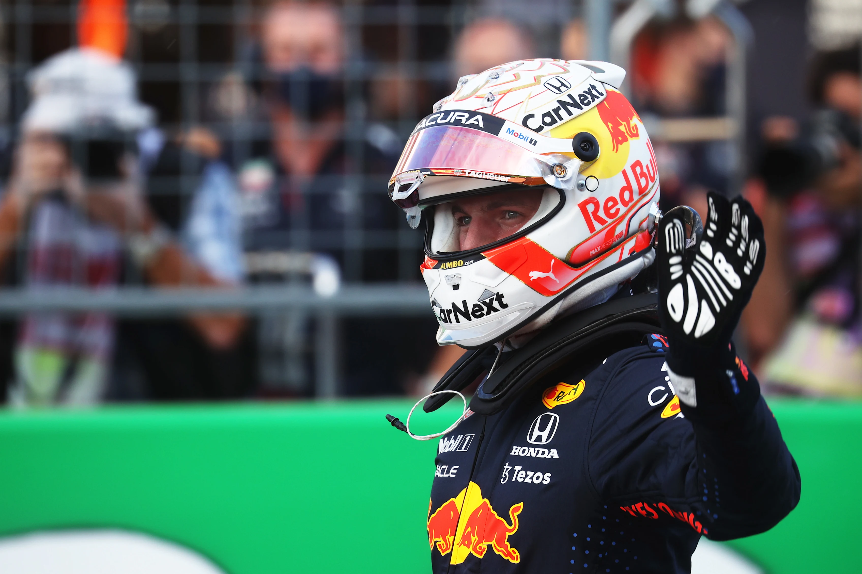 AUSTIN, TEXAS - OCTOBER 23: Pole position qualifier Max Verstappen of Netherlands and Red Bull Racing celebrates in parc ferme during qualifying ahead of the F1 Grand Prix of USA at Circuit of The Americas on October 23, 2021 in Austin, Texas. (Photo by Chris Graythen/Getty Images)
