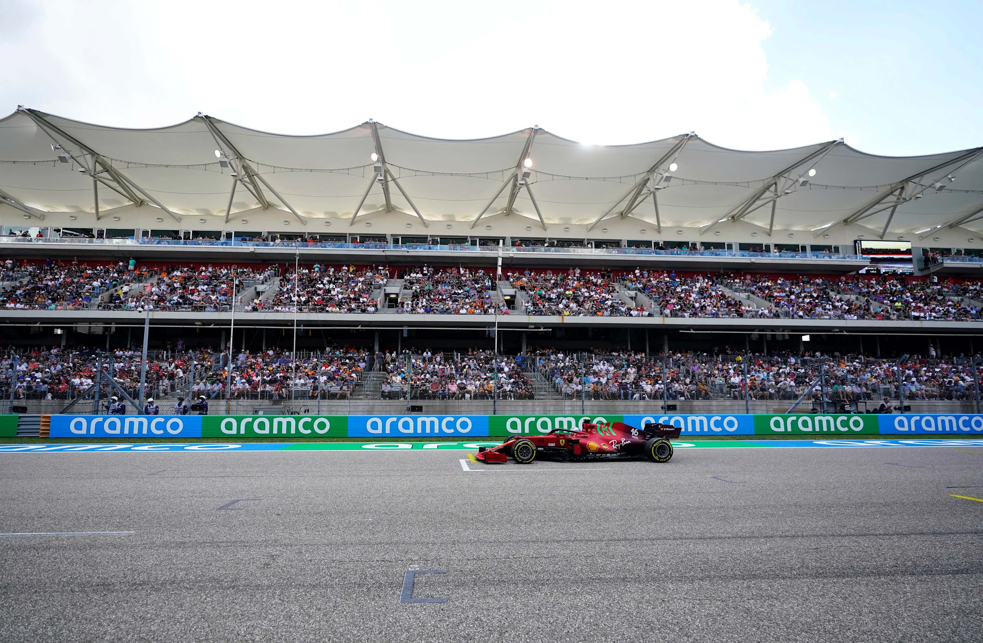 AUSTIN, TEXAS - OCTOBER 23: Charles Leclerc of Monaco driving the (16) Scuderia Ferrari SF21 during qualifying ahead of the F1 Grand Prix of USA at Circuit of The Americas on October 23, 2021 in Austin, Texas. (Photo by Darron Cummings - Pool/Getty Images)