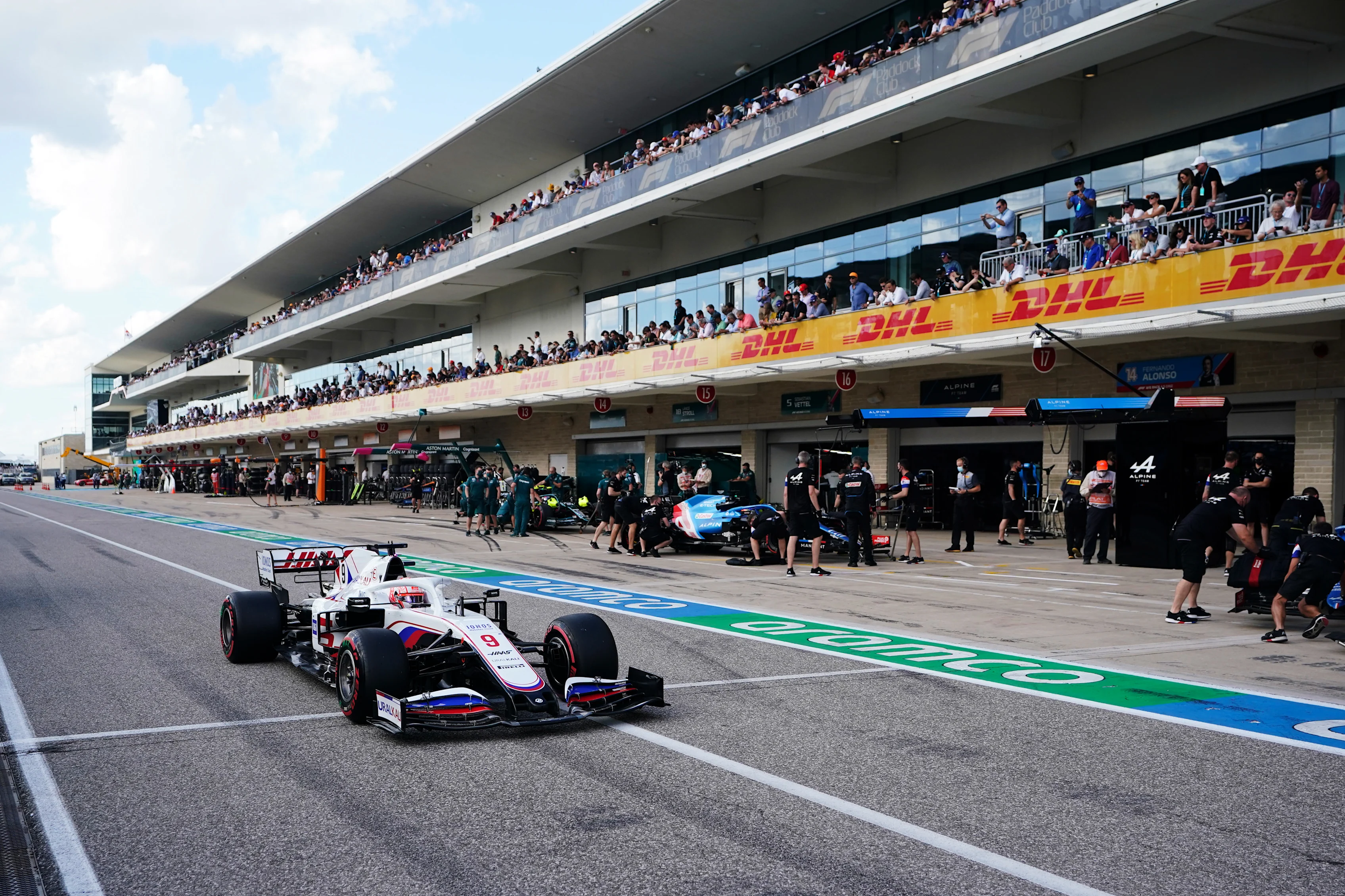 AUSTIN, TEXAS - OCTOBER 23: Nikita Mazepin of Russia driving the (9) Haas F1 Team VF-21 Ferrari in the Pitlane during qualifying ahead of the F1 Grand Prix of USA at Circuit of The Americas on October 23, 2021 in Austin, Texas. (Photo by Darron Cummings - Pool/Getty Images)