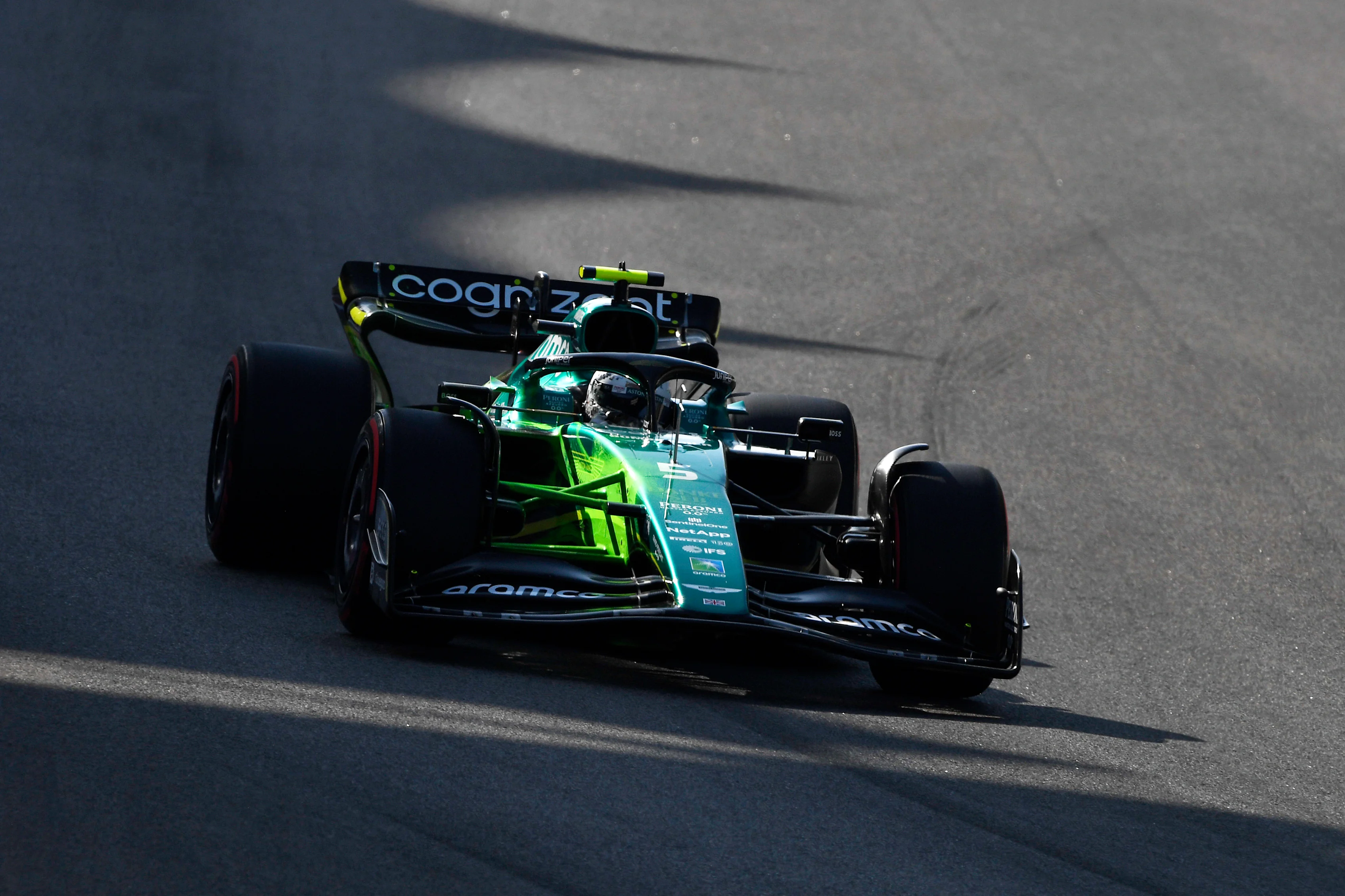 ABU DHABI, UNITED ARAB EMIRATES - NOVEMBER 18: Sebastian Vettel of Germany driving the (5) Aston Martin AMR22 Mercedes on track during practice ahead of the F1 Grand Prix of Abu Dhabi at Yas Marina Circuit on November 18, 2022 in Abu Dhabi, United Arab Emirates. (Photo by Rudy Carezzevoli/Getty Images)