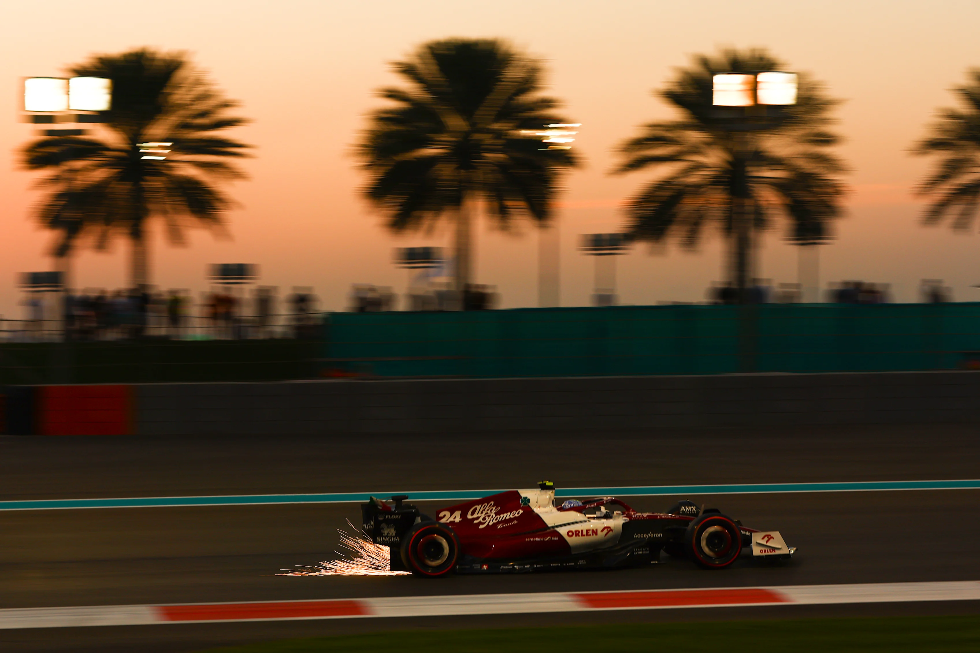 ABU DHABI, UNITED ARAB EMIRATES - NOVEMBER 18: Zhou Guanyu of China driving the (24) Alfa Romeo F1 C42 Ferrari on track during practice ahead of the F1 Grand Prix of Abu Dhabi at Yas Marina Circuit on November 18, 2022 in Abu Dhabi, United Arab Emirates. (Photo by Mark Thompson/Getty Images)