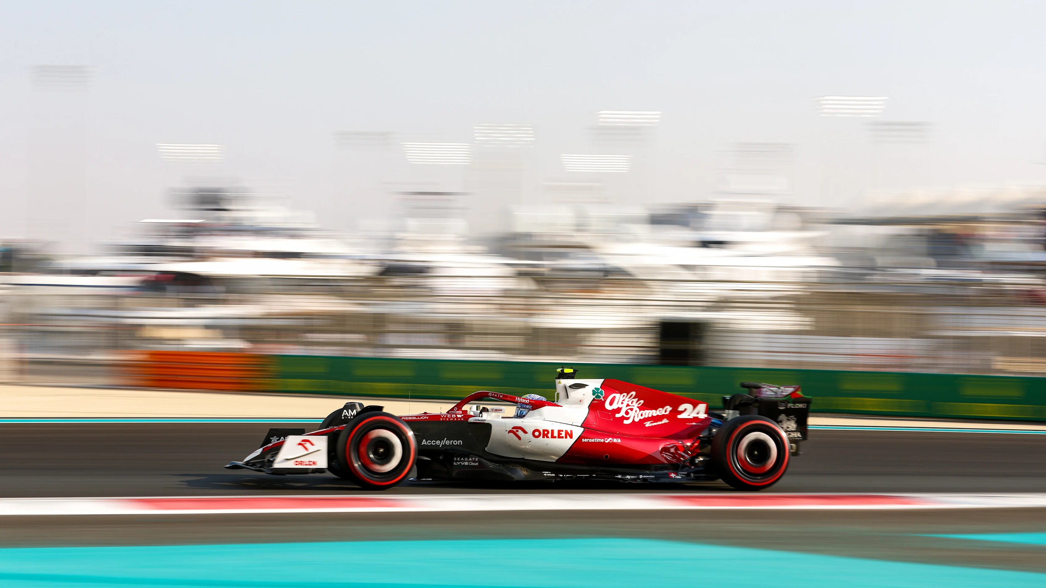 ABU DHABI, UNITED ARAB EMIRATES - NOVEMBER 19: Zhou Guanyu of China driving the (24) Alfa Romeo F1 C42 Ferrari on track during final practice ahead of the F1 Grand Prix of Abu Dhabi at Yas Marina Circuit on November 19, 2022 in Abu Dhabi, United Arab Emirates. (Photo by Bryn Lennon - Formula 1/Formula 1 via Getty Images)