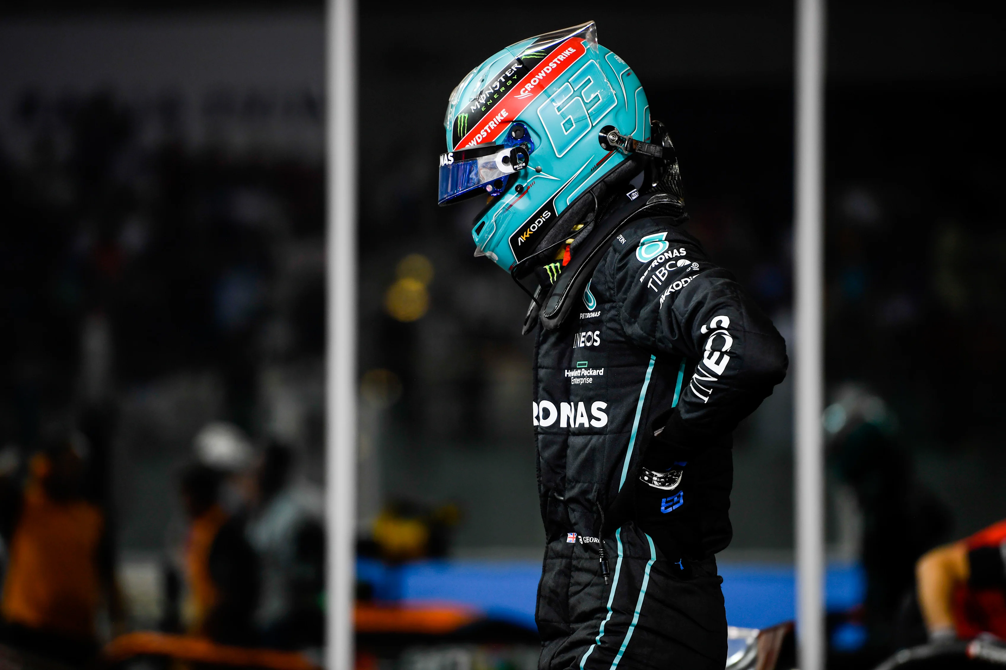 ABU DHABI, UNITED ARAB EMIRATES - NOVEMBER 19: George Russell of Great Britain and Mercedes reacts