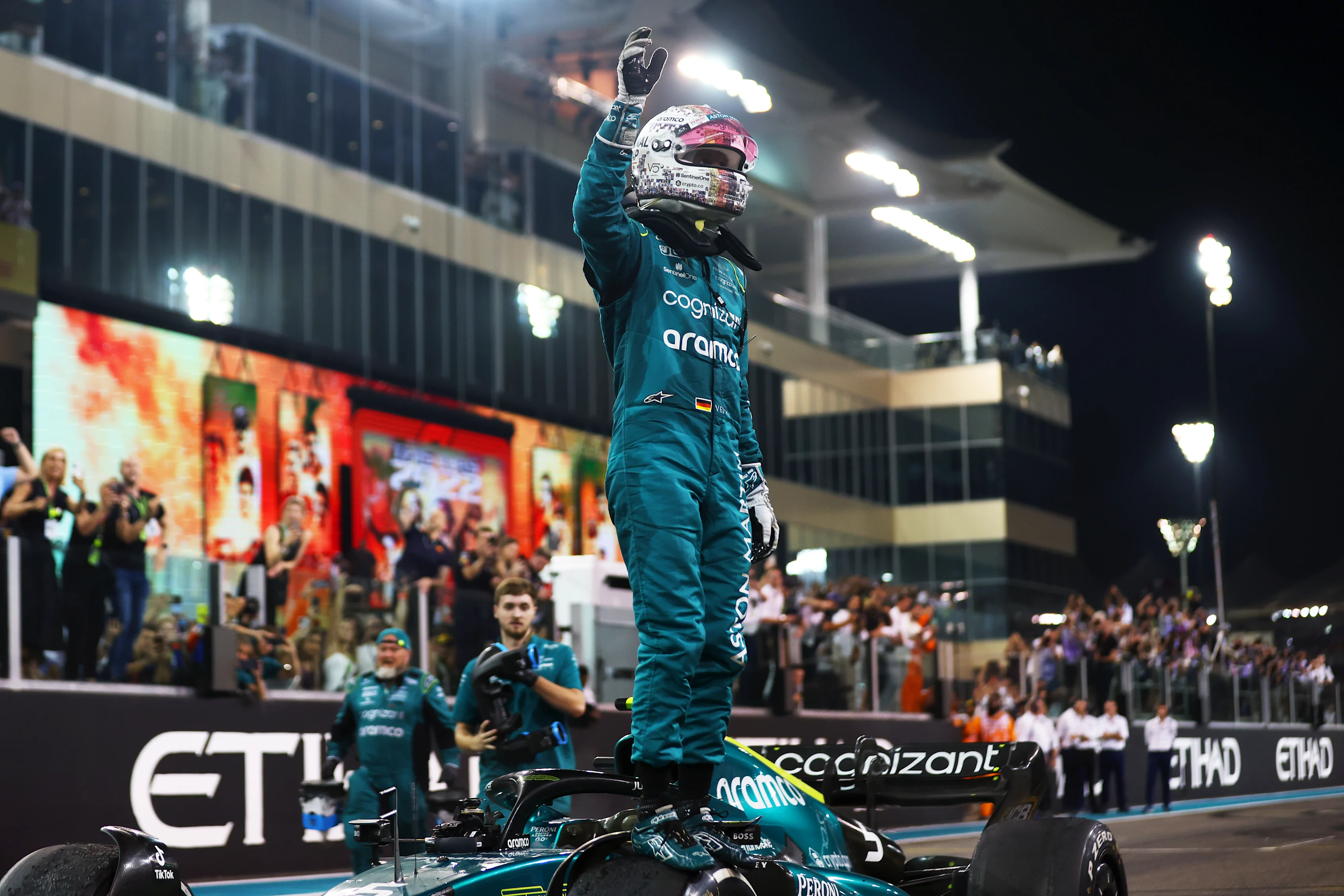 ABU DHABI, UNITED ARAB EMIRATES - NOVEMBER 20: Tenth placed Sebastian Vettel of Germany and Aston