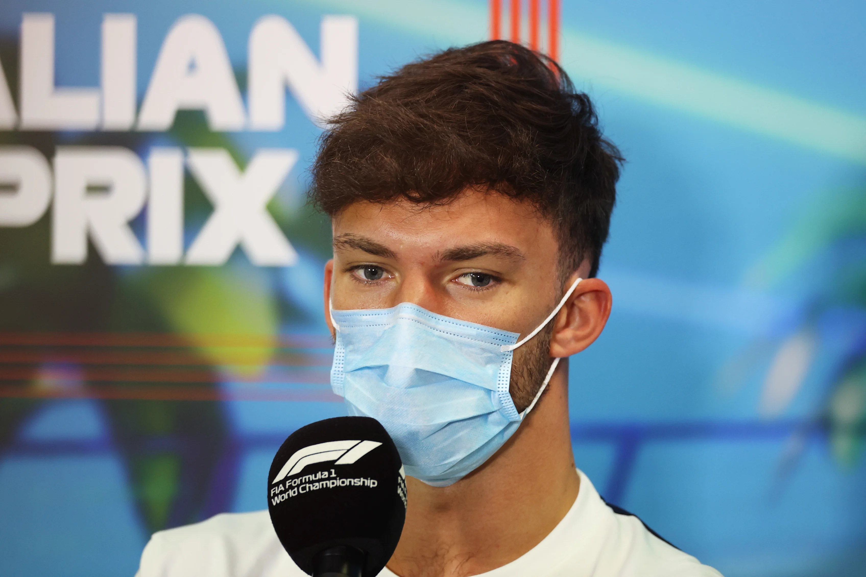MELBOURNE, AUSTRALIA - APRIL 08: Pierre Gasly of France and Scuderia AlphaTauri talks in the Drivers Press Conference prior to practice ahead of the F1 Grand Prix of Australia at Melbourne Grand Prix Circuit on April 08, 2022 in Melbourne, Australia. (Photo by Robert Cianflone/Getty Images)
