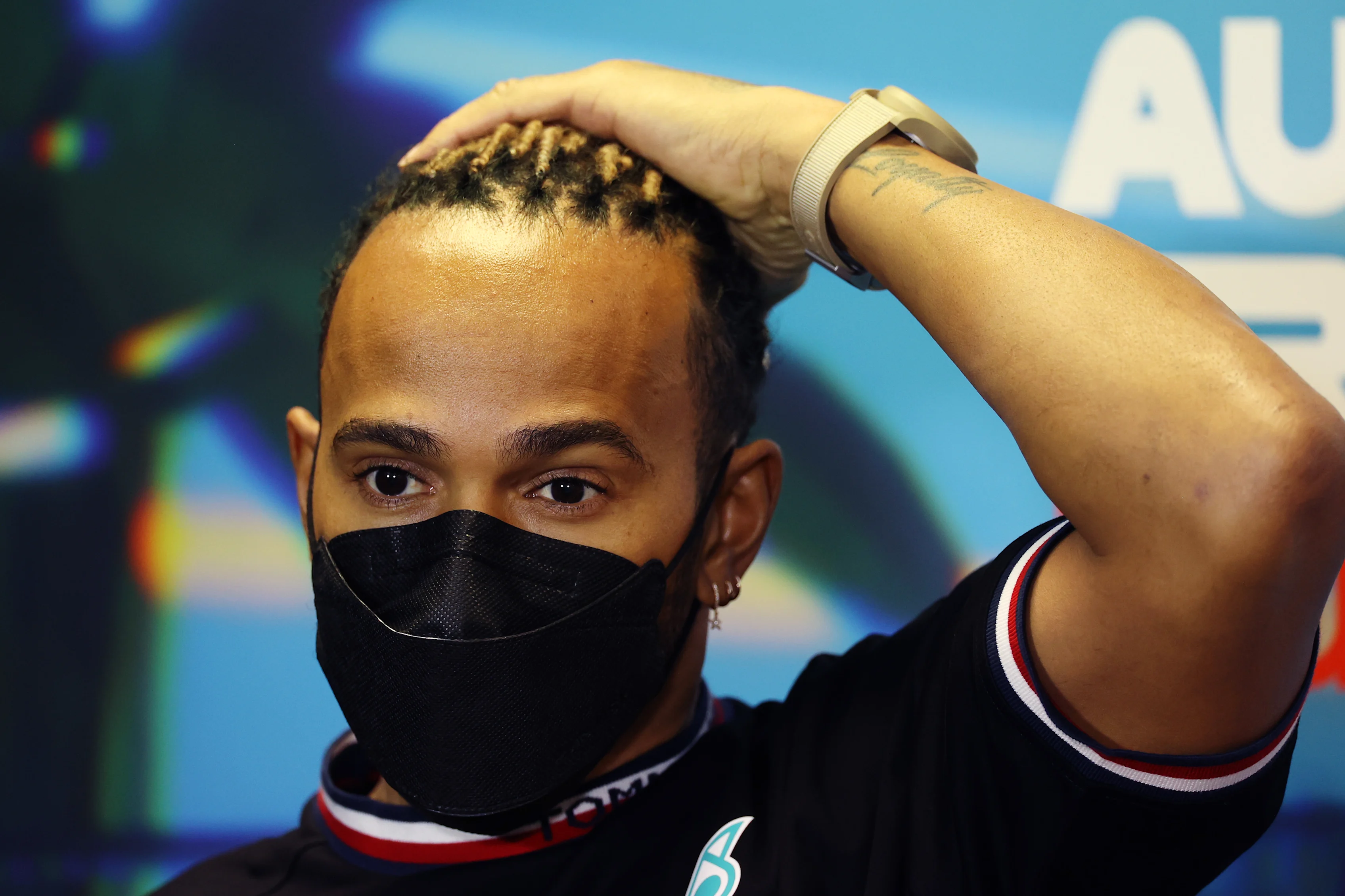 MELBOURNE, AUSTRALIA - APRIL 08: Lewis Hamilton of Great Britain and Mercedes talks in the Drivers