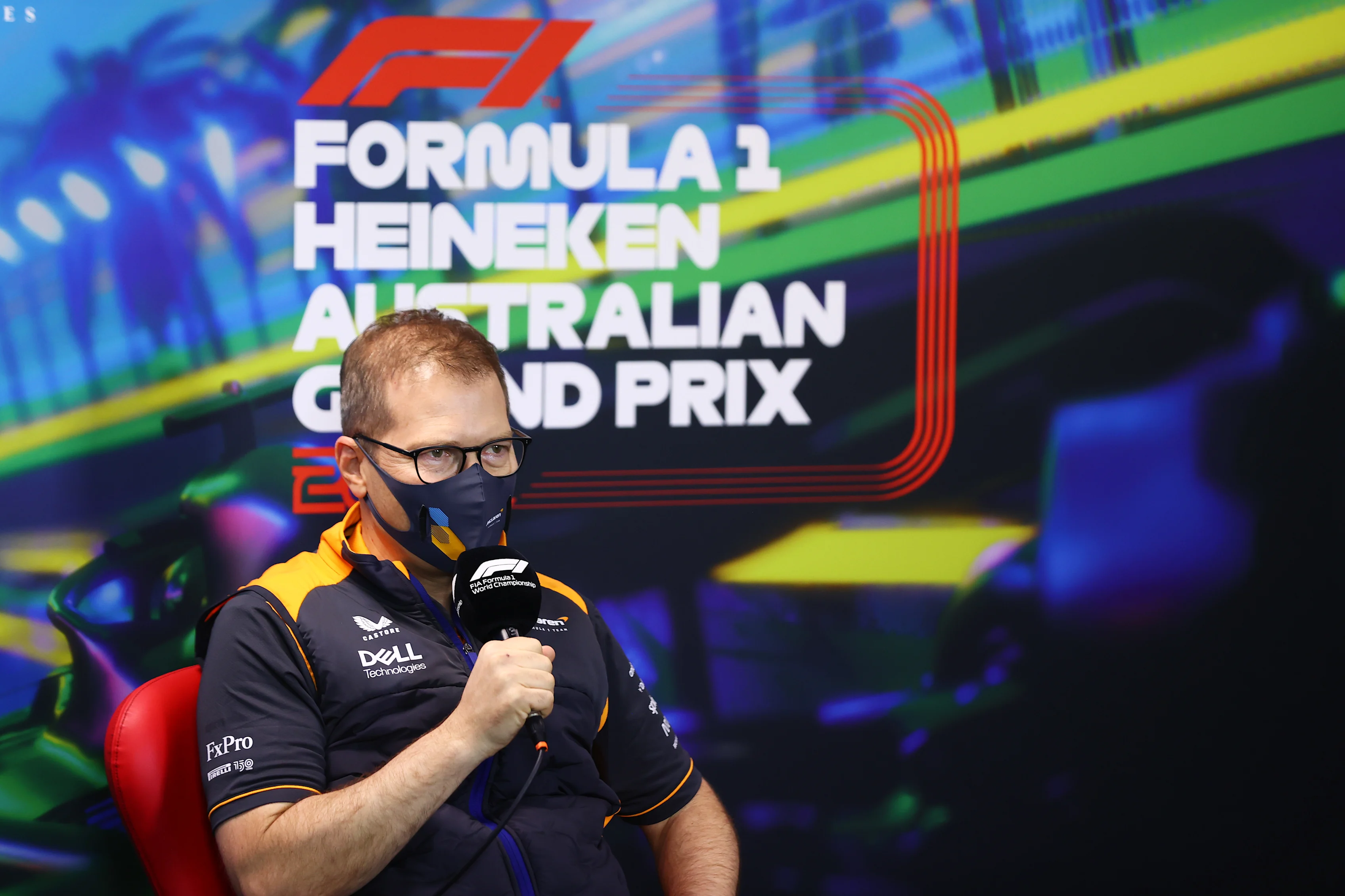 MELBOURNE, AUSTRALIA - APRIL 09: McLaren Team Principal Andreas Seidl talks in the Team Principals Press Conference prior to final practice ahead of the F1 Grand Prix of Australia at Melbourne Grand Prix Circuit on April 09, 2022 in Melbourne, Australia. (Photo by Dan Istitene - Formula 1/Formula 1 via Getty Images)