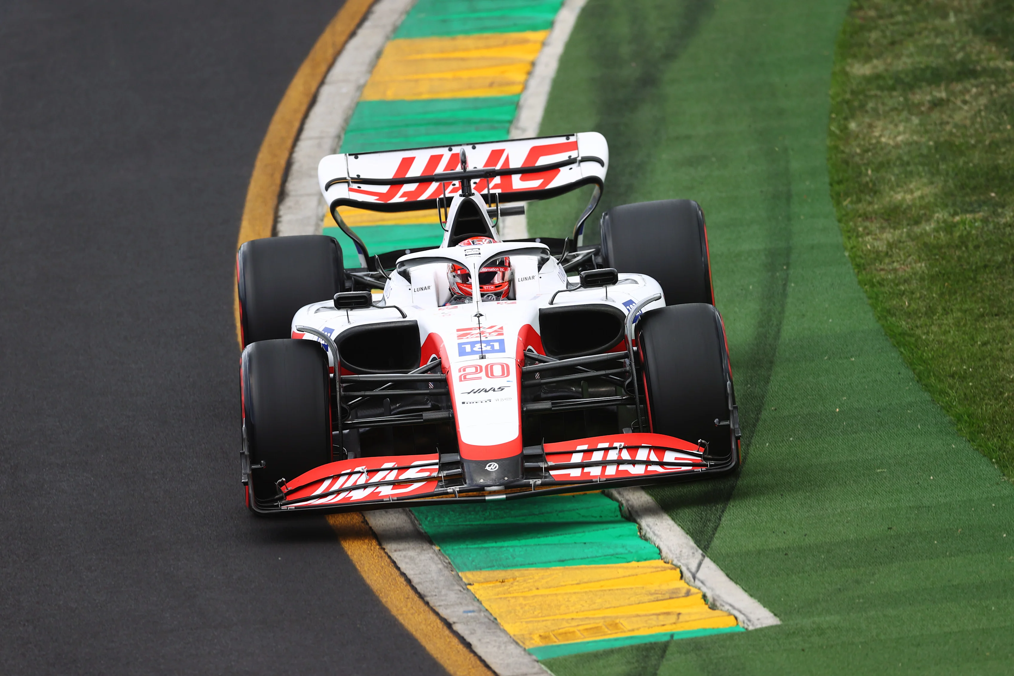 MELBOURNE, AUSTRALIA - APRIL 09: Kevin Magnussen of Denmark driving the (20) Haas F1 VF-22 Ferrari on track during qualifying ahead of the F1 Grand Prix of Australia at Melbourne Grand Prix Circuit on April 09, 2022 in Melbourne, Australia. (Photo by Dan Istitene - Formula 1/Formula 1 via Getty Images)