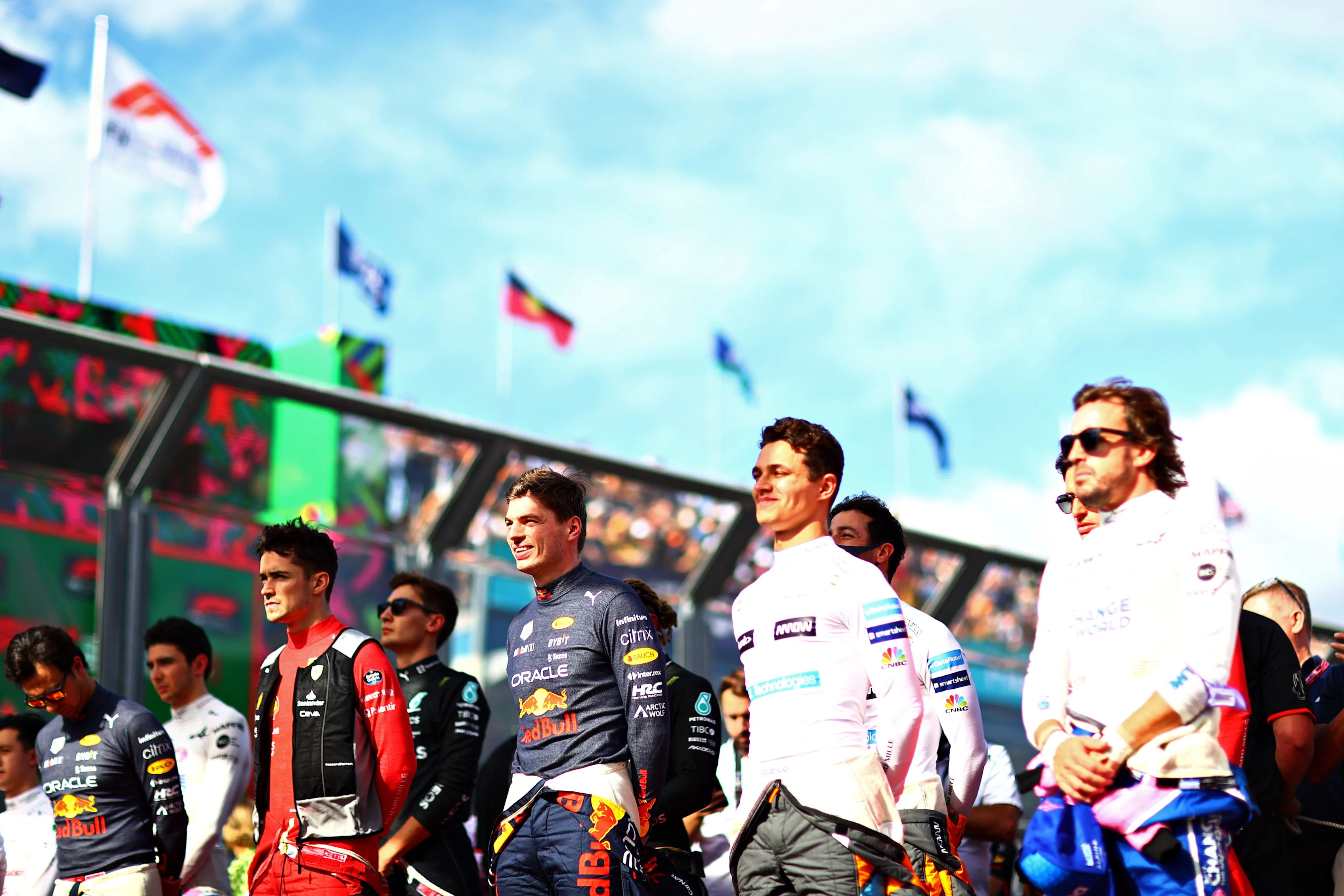 MELBOURNE, AUSTRALIA - APRIL 10: Charles Leclerc of Monaco and Ferrari, Max Verstappen of the