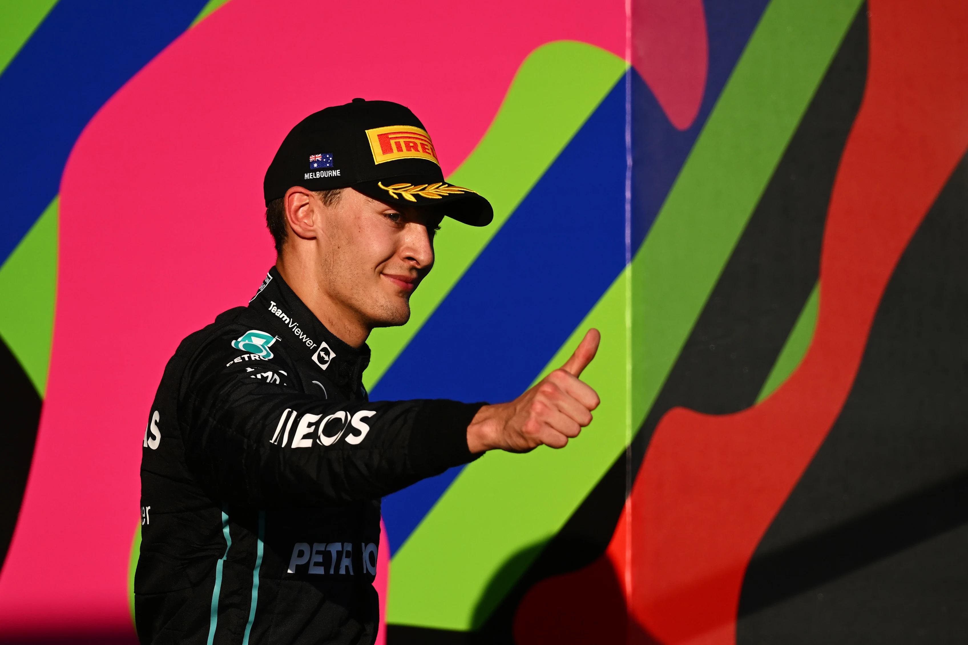 MELBOURNE, AUSTRALIA - APRIL 10: Third placed George Russell of Great Britain and Mercedes