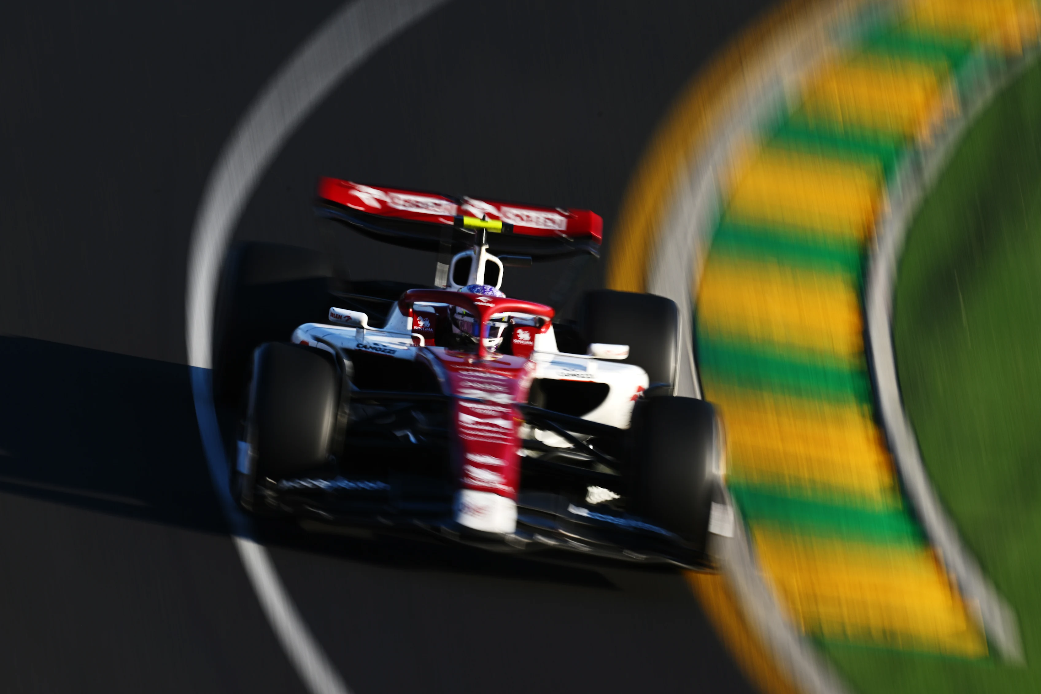 MELBOURNE, AUSTRALIA - APRIL 10: Zhou Guanyu of China driving the (24) Alfa Romeo F1 C42 Ferrari on track during the F1 Grand Prix of Australia at Melbourne Grand Prix Circuit on April 10, 2022 in Melbourne, Australia. (Photo by Clive Mason/Getty Images)