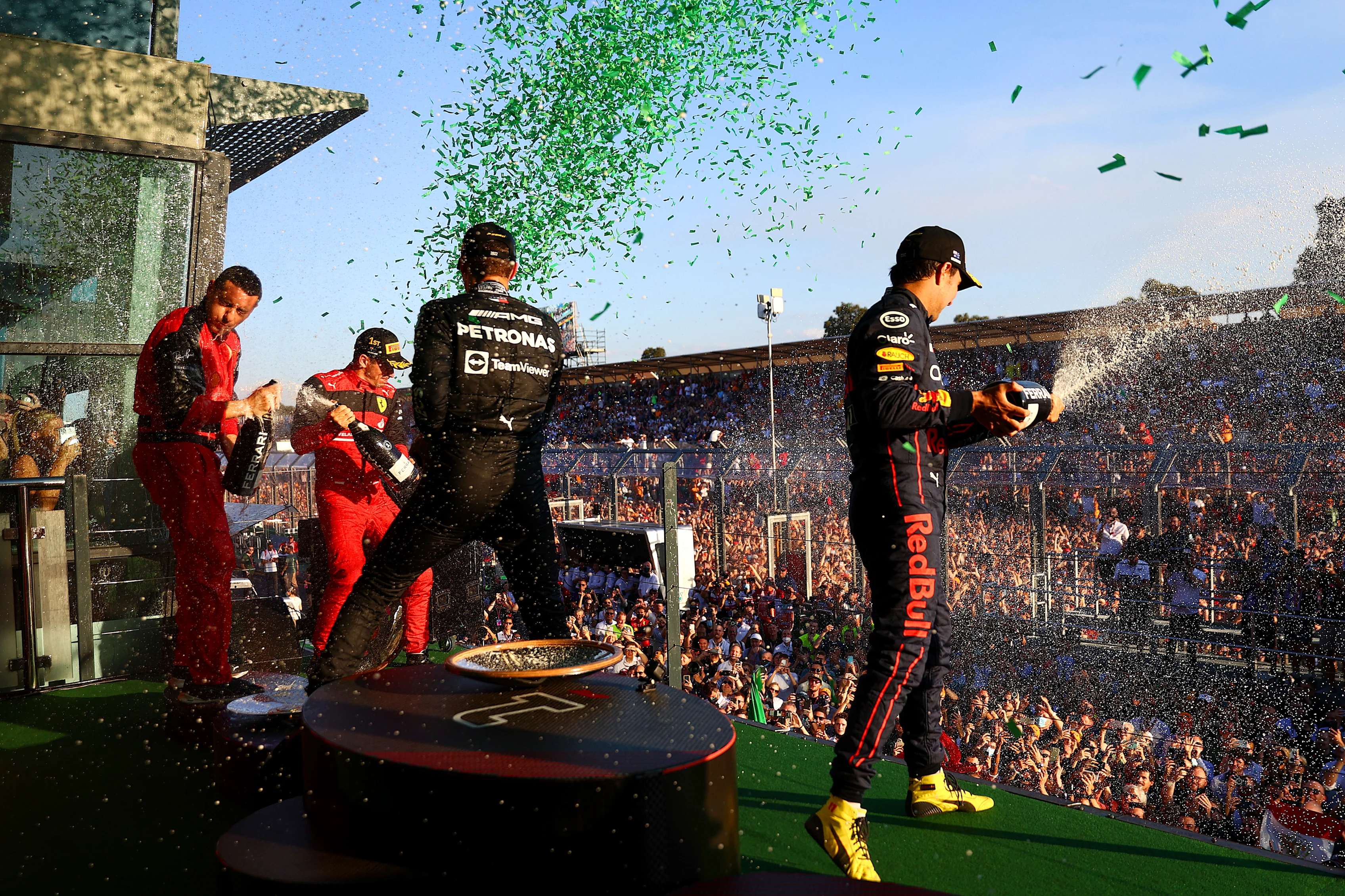 MELBOURNE, AUSTRALIA - APRIL 10:  Race winner Charles Leclerc of Monaco and Ferrari, second placed