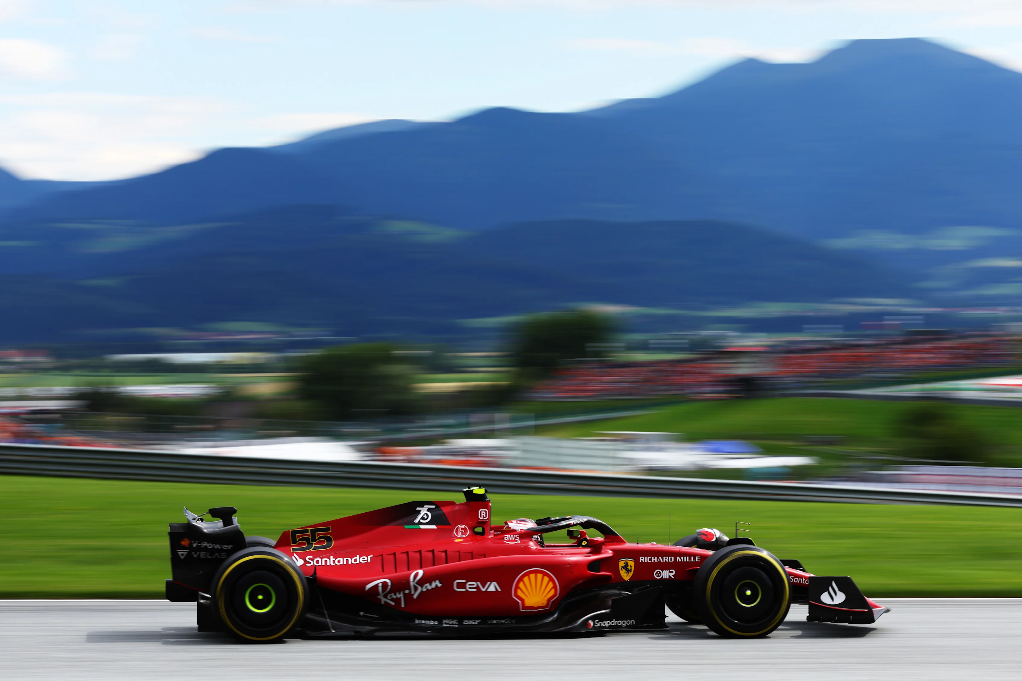SPIELBERG, AUSTRIA - JULY 10: Carlos Sainz of Spain driving (55) the Ferrari F1-75 on track during