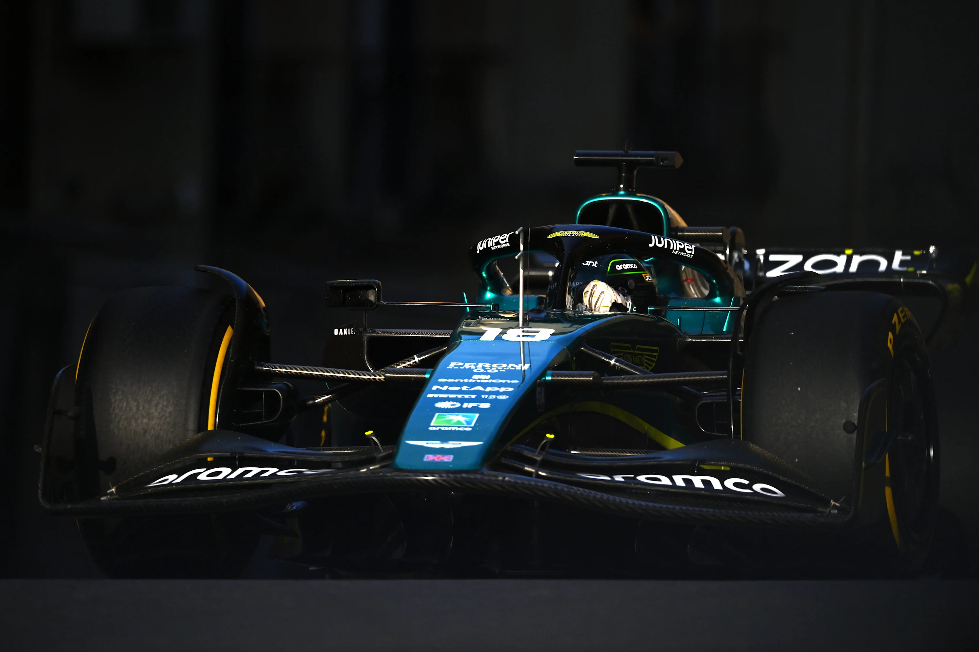 BAKU, AZERBAIJAN - JUNE 10: Lance Stroll of Canada driving the (18) Aston Martin AMR22 Mercedes on track during practice ahead of the F1 Grand Prix of Azerbaijan at Baku City Circuit on June 10, 2022 in Baku, Azerbaijan. (Photo by Dan Mullan/Getty Images)