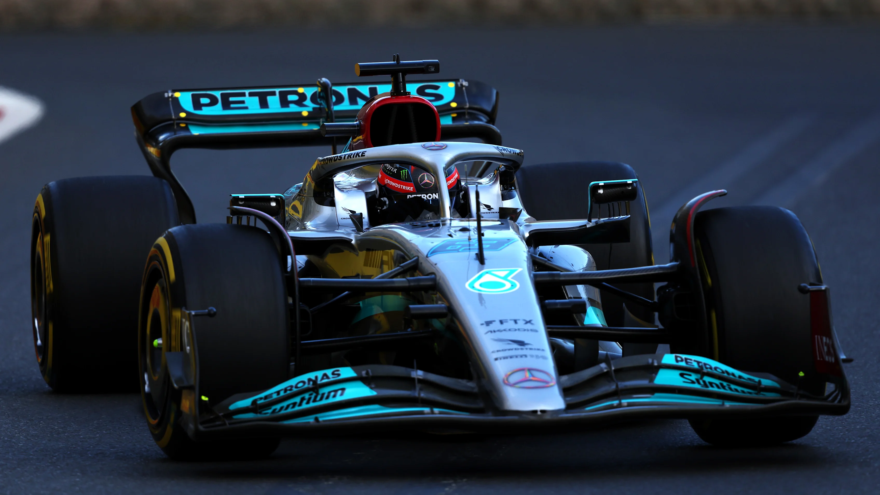 BAKU, AZERBAIJAN - JUNE 10: George Russell of Great Britain driving the (63) Mercedes AMG Petronas F1 Team W13 on track during practice ahead of the F1 Grand Prix of Azerbaijan at Baku City Circuit on June 10, 2022 in Baku, Azerbaijan. (Photo by Bryn Lennon - Formula 1/Formula 1 via Getty Images)