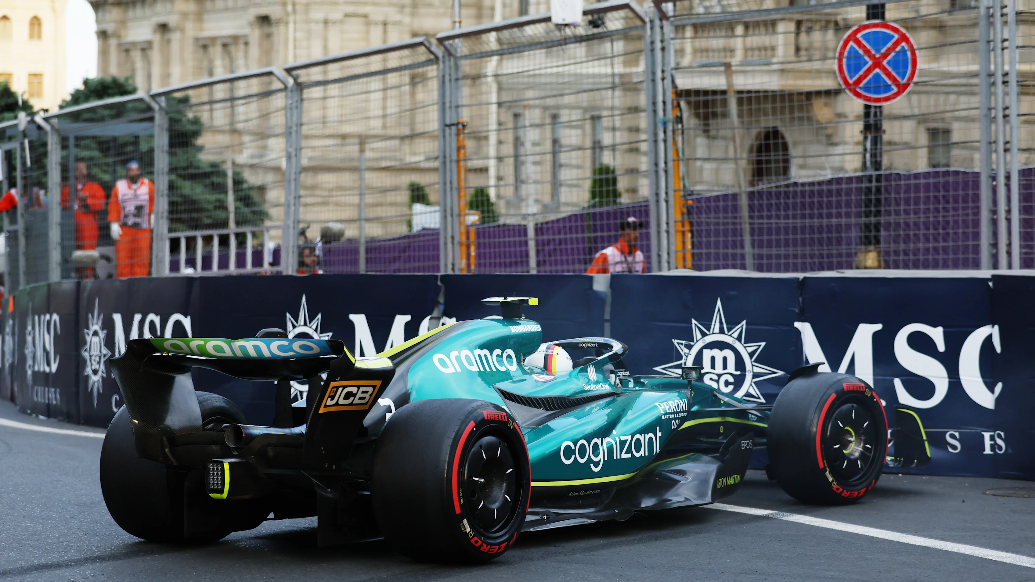 BAKU, AZERBAIJAN - JUNE 11: Sebastian Vettel of Germany driving the (5) Aston Martin AMR22 Mercedes crashes into a track wall during qualifying ahead of the F1 Grand Prix of Azerbaijan at Baku City Circuit on June 11, 2022 in Baku, Azerbaijan. (Photo by Bryn Lennon - Formula 1/Formula 1 via Getty Images)