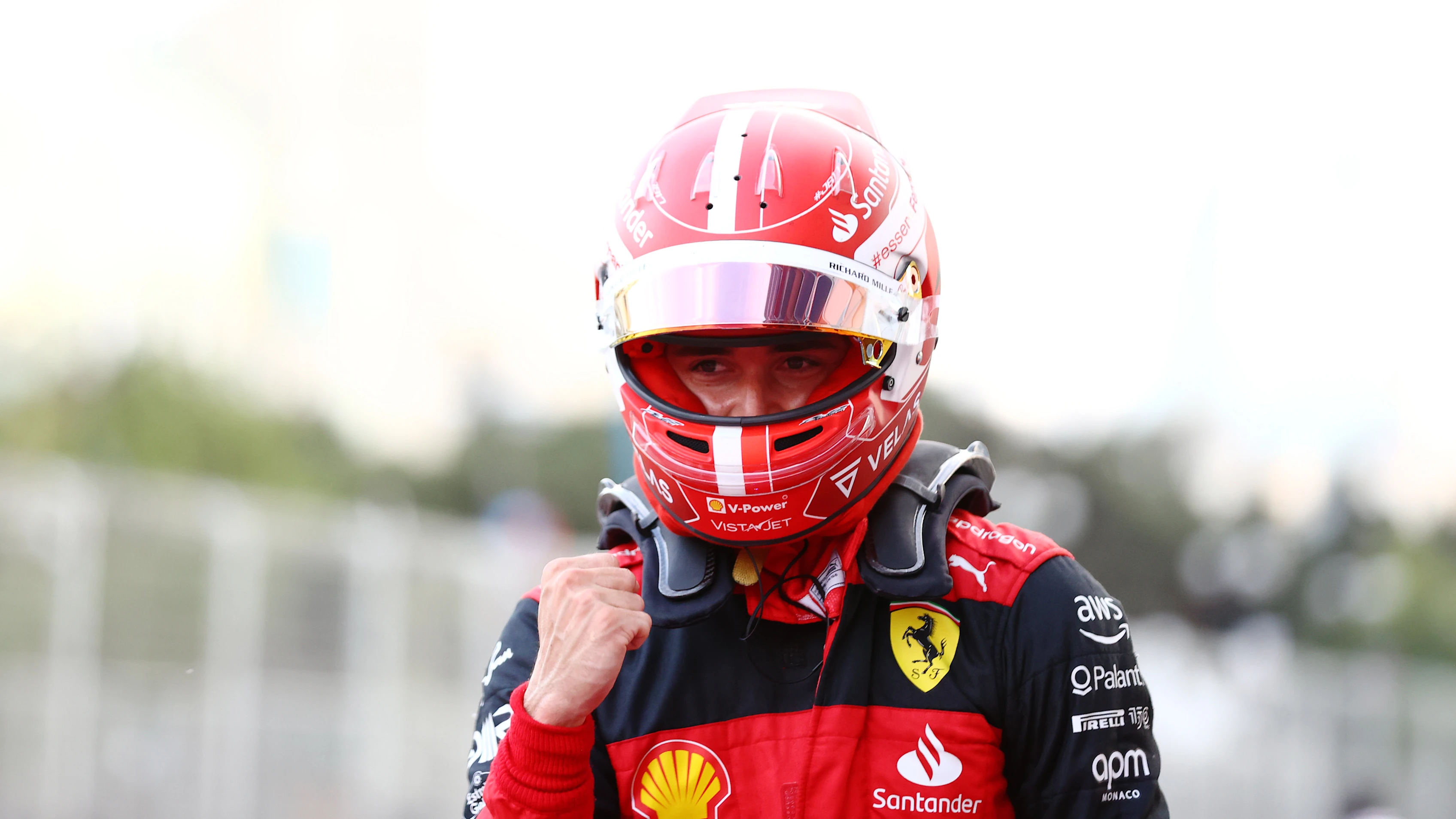 BAKU, AZERBAIJAN - JUNE 11: Pole position qualifier Charles Leclerc of Monaco and Ferrari celebrates in parc ferme during qualifying ahead of the F1 Grand Prix of Azerbaijan at Baku City Circuit on June 11, 2022 in Baku, Azerbaijan. (Photo by Dan Istitene - Formula 1/Formula 1 via Getty Images)