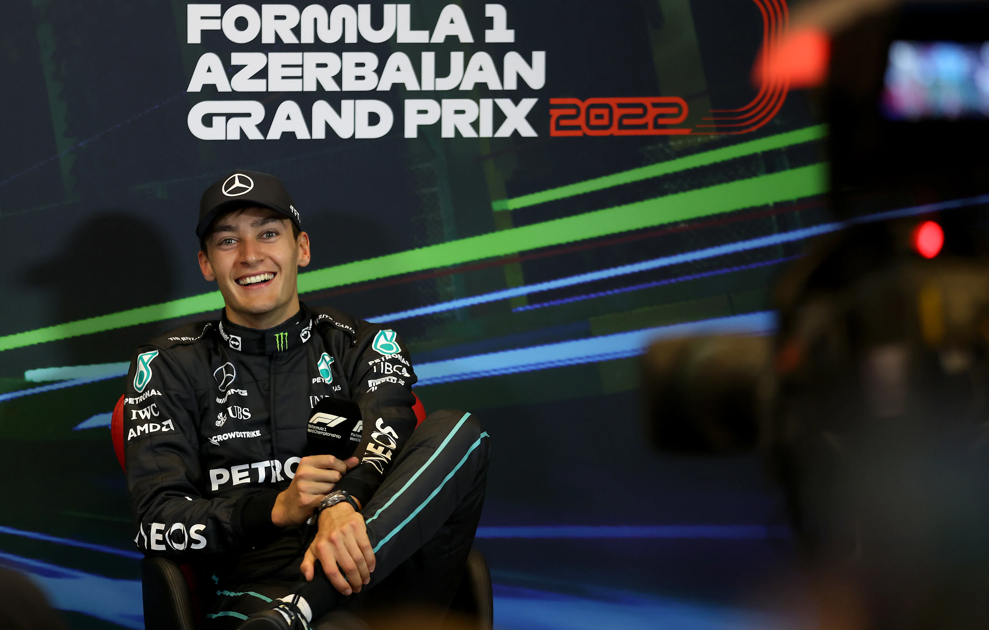 BAKU, AZERBAIJAN - JUNE 12: Third placed George Russell of Great Britain and Mercedes attends the