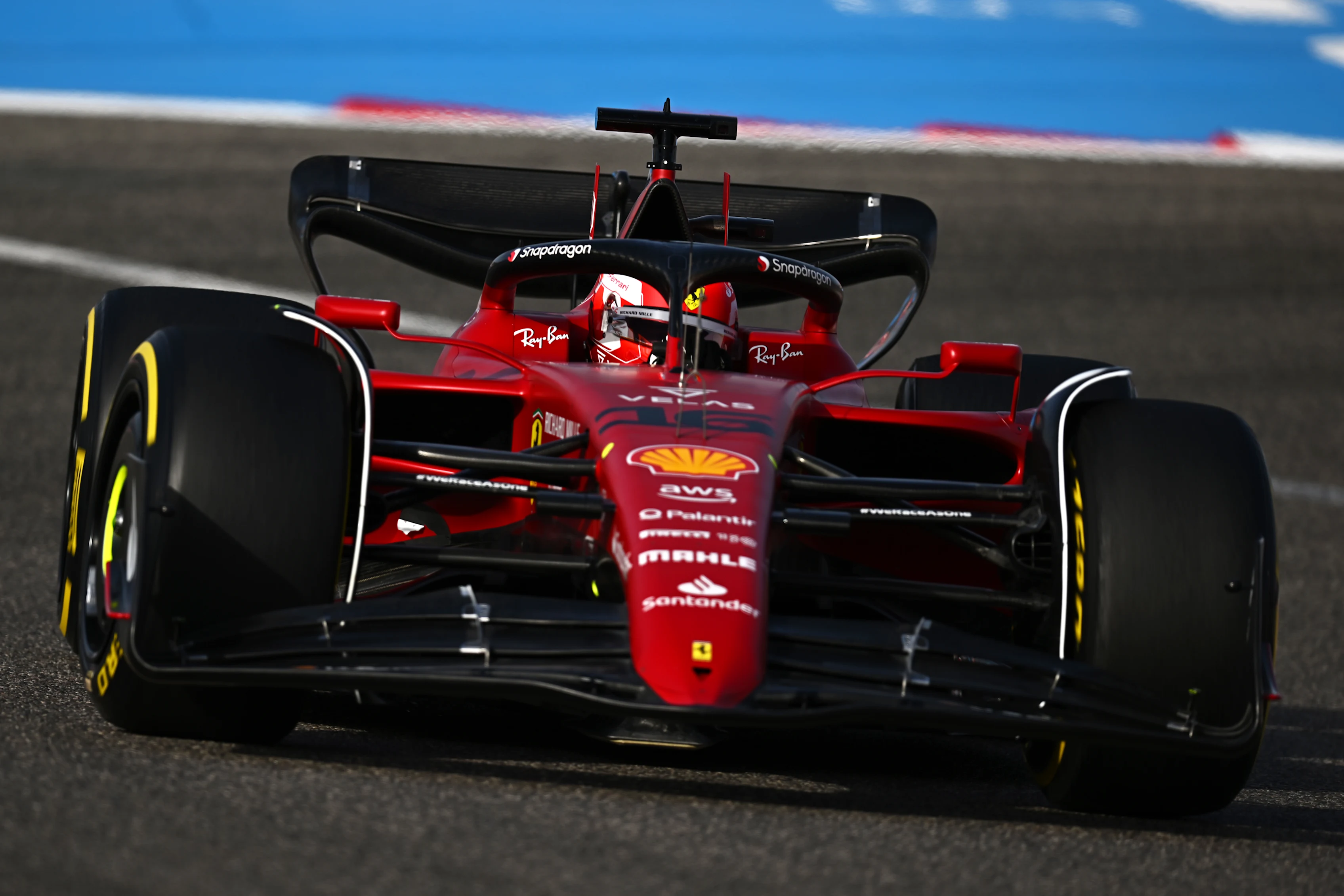 BAHRAIN, BAHRAIN - MARCH 18: Charles Leclerc of Monaco driving (16) the Ferrari F1-75 on track during practice ahead of the F1 Grand Prix of Bahrain at Bahrain International Circuit on March 18, 2022 in Bahrain, Bahrain. (Photo by Clive Mason/Getty Images)