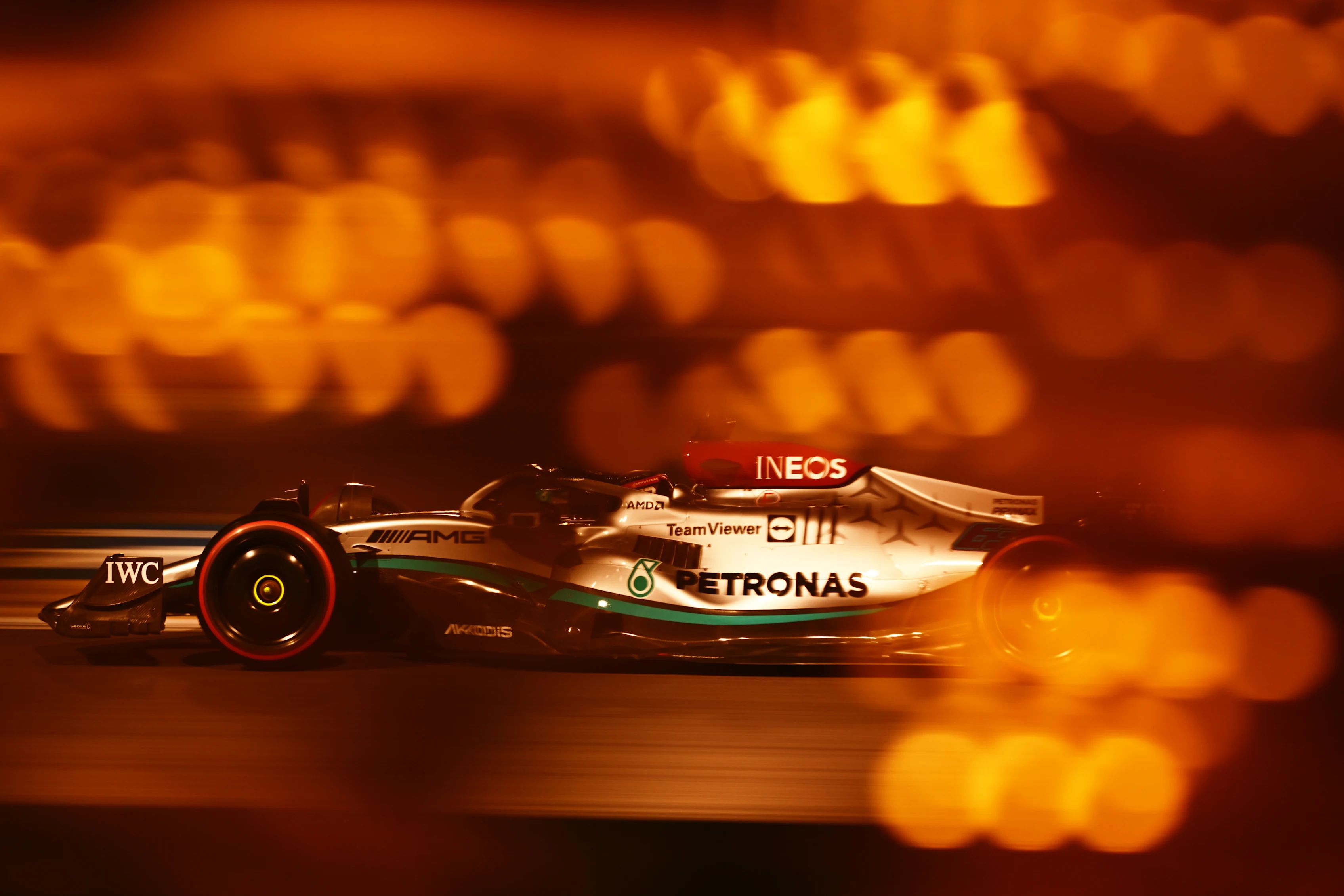 BAHRAIN, BAHRAIN - MARCH 18: George Russell of Great Britain driving the (63) Mercedes AMG Petronas F1 Team W13 on track during practice ahead of the F1 Grand Prix of Bahrain at Bahrain International Circuit on March 18, 2022 in Bahrain, Bahrain. (Photo by Clive Mason/Getty Images)