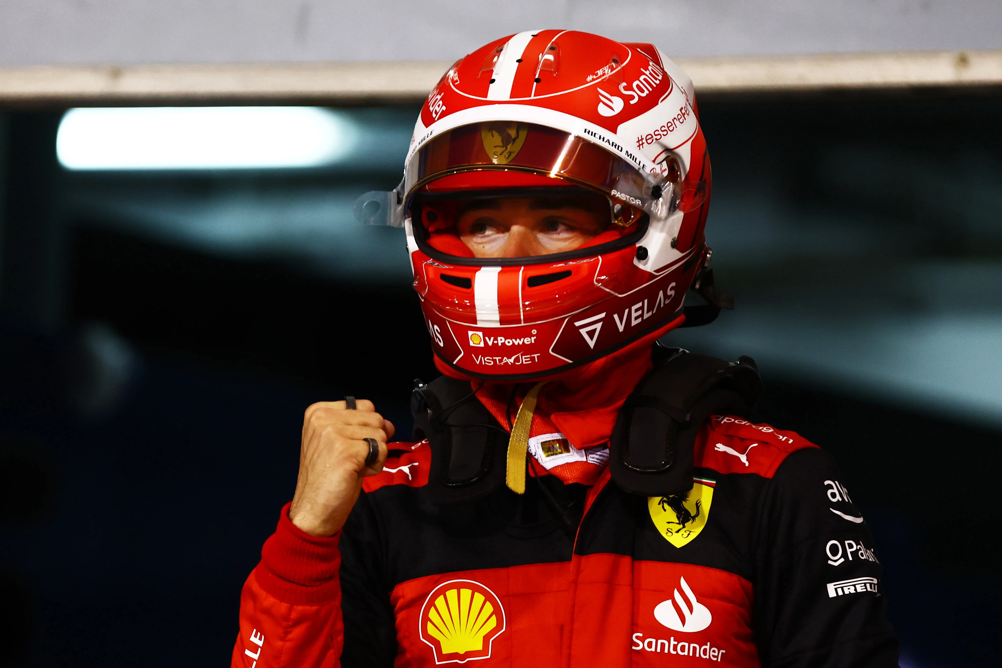 BAHRAIN, BAHRAIN - MARCH 19: Pole position qualifier Charles Leclerc of Monaco and Ferrari
