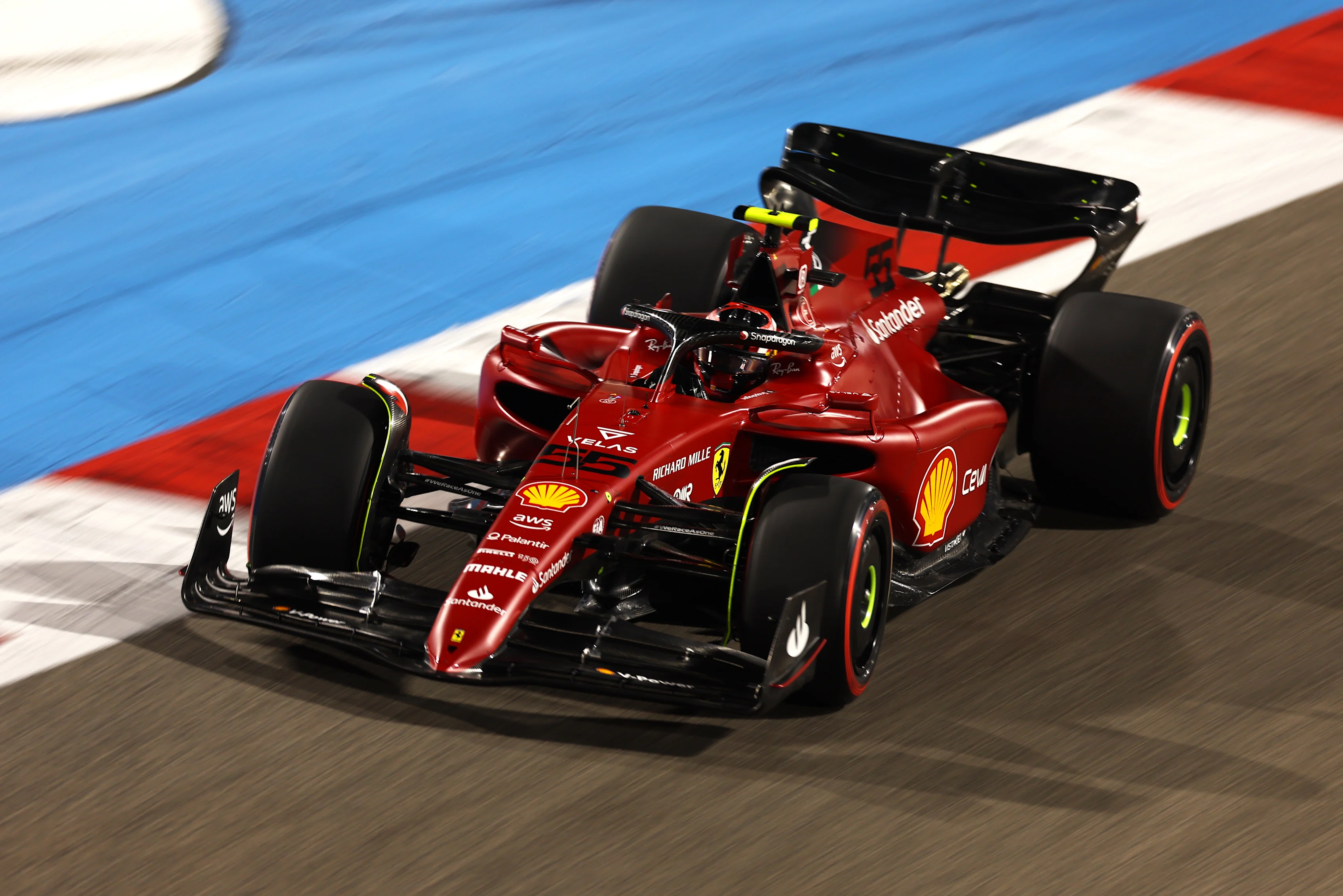 BAHRAIN, BAHRAIN - MARCH 19: Carlos Sainz of Spain driving (55) the Ferrari F1-75 on track during qualifying ahead of the F1 Grand Prix of Bahrain at Bahrain International Circuit on March 19, 2022 in Bahrain, Bahrain. (Photo by Lars Baron/Getty Images)