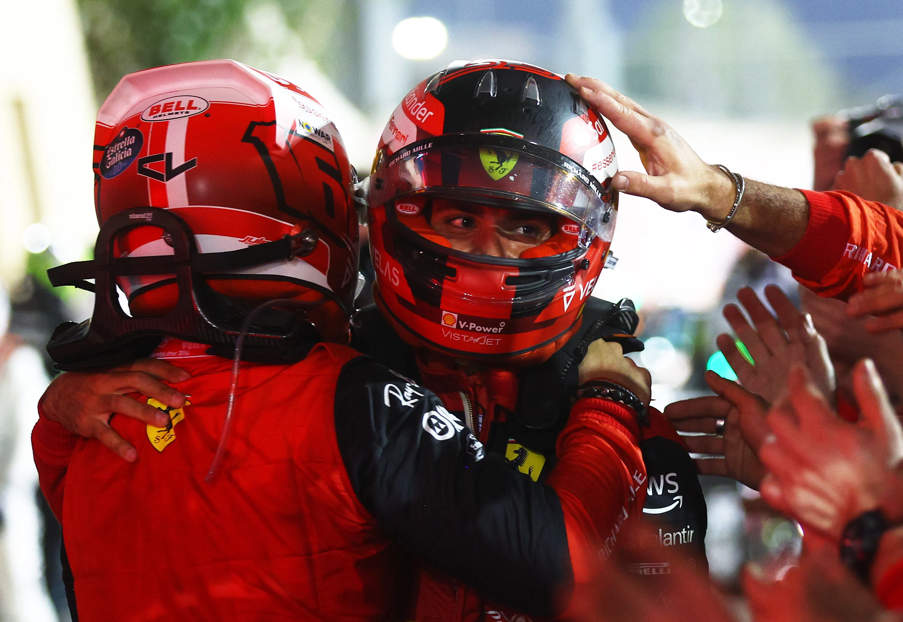 BAHRAIN, BAHRAIN - MARCH 20: Race winner Charles Leclerc of Monaco and Ferrari and Second placed