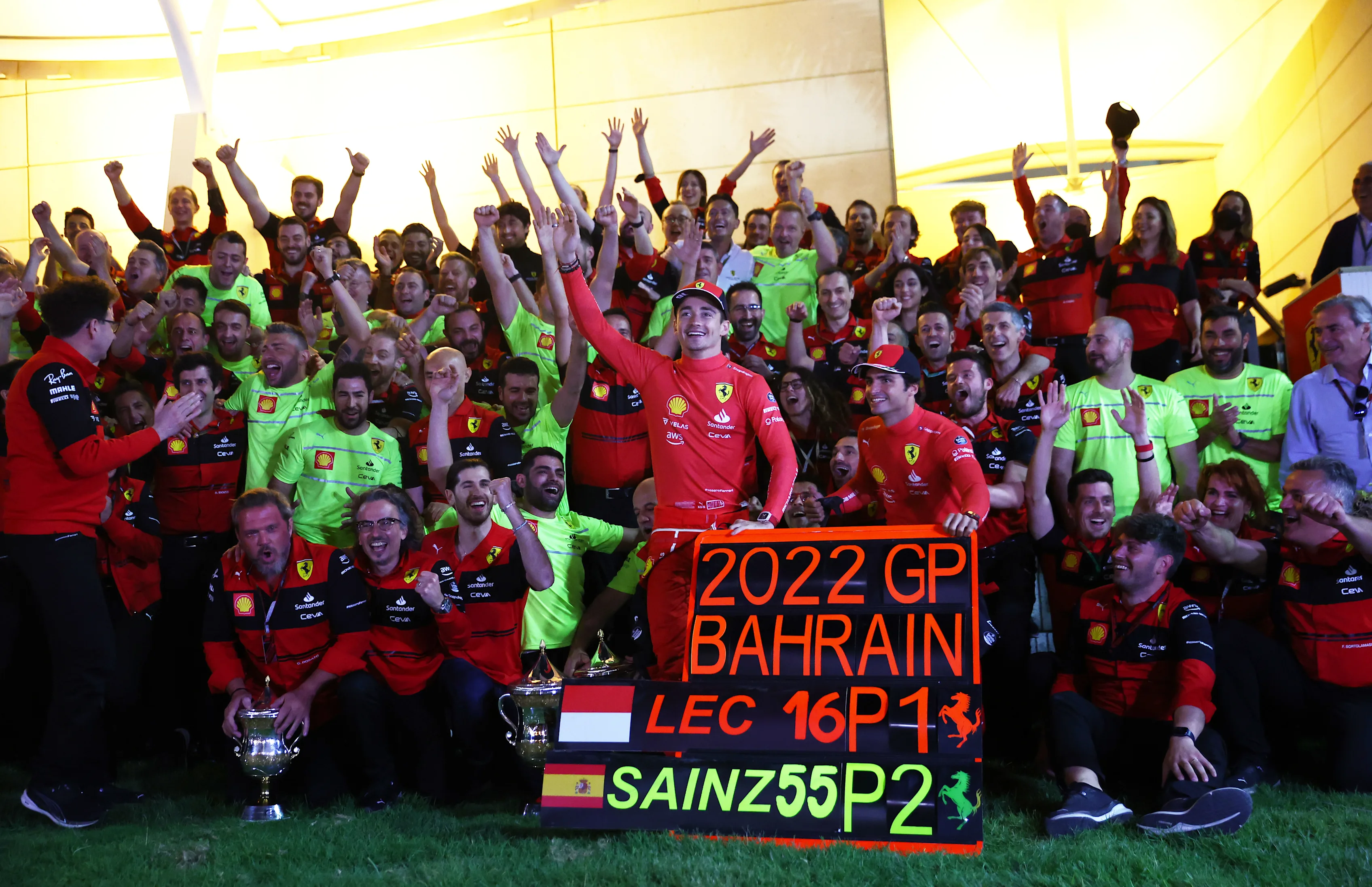 BAHRAIN, BAHRAIN - MARCH 20: Race winner Charles Leclerc of Monaco and Ferrari and Second placed