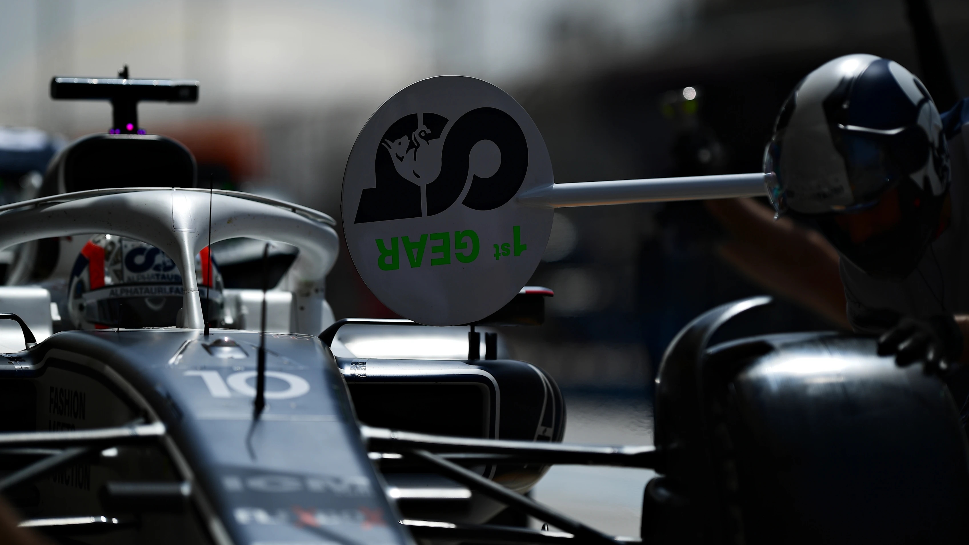 BAHRAIN, BAHRAIN - MARCH 12: Pierre Gasly of France driving the (10) Scuderia AlphaTauri AT03 makes a pitstop during Day Three of F1 Testing at Bahrain International Circuit on March 12, 2022 in Bahrain, Bahrain. (Photo by Mario Renzi - Formula 1/Formula 1 via Getty Images)