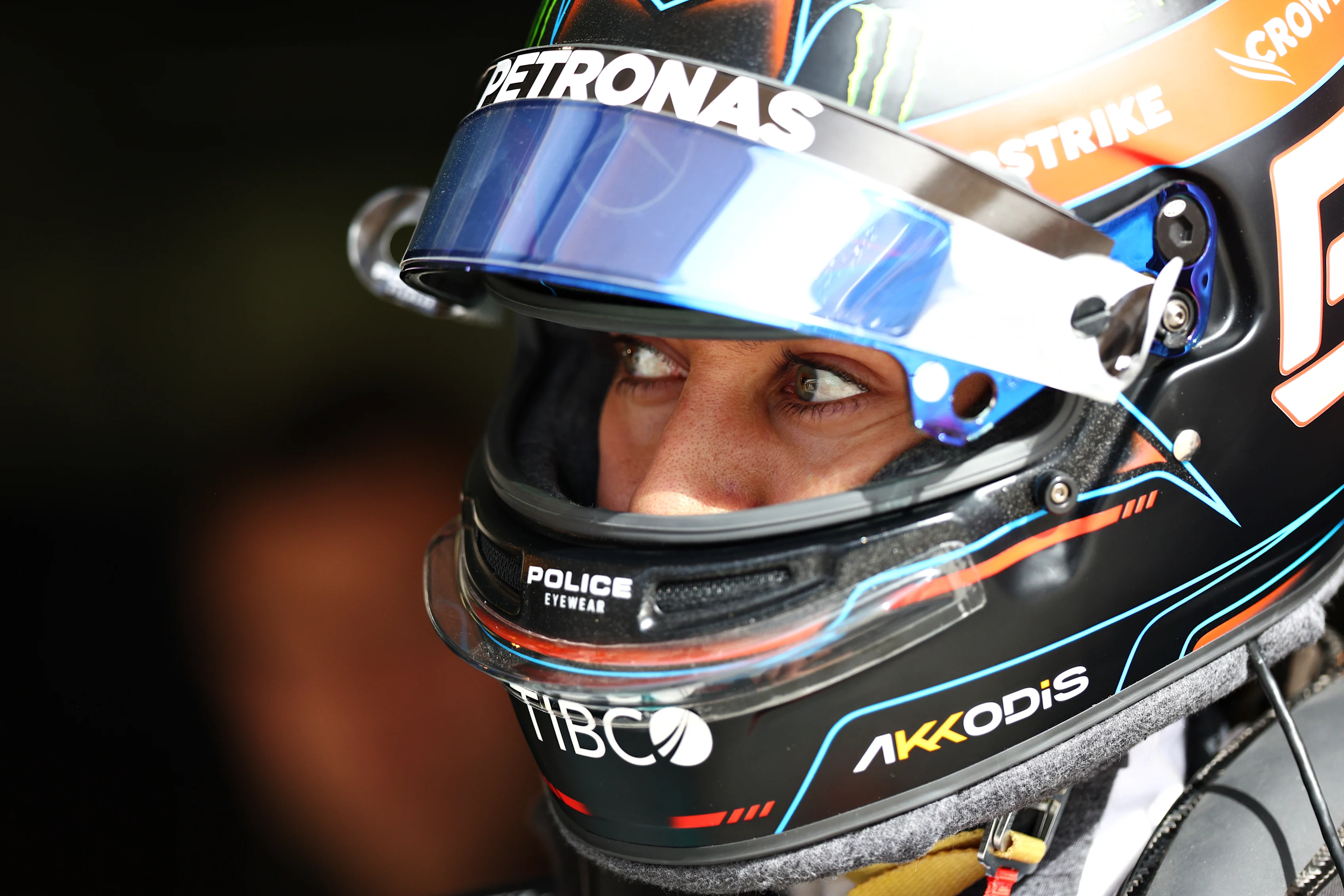 BAHRAIN, BAHRAIN - MARCH 12: George Russell of Great Britain and Mercedes prepares to drive in the garage during Day Three of F1 Testing at Bahrain International Circuit on March 12, 2022 in Bahrain, Bahrain. (Photo by Lars Baron/Getty Images)