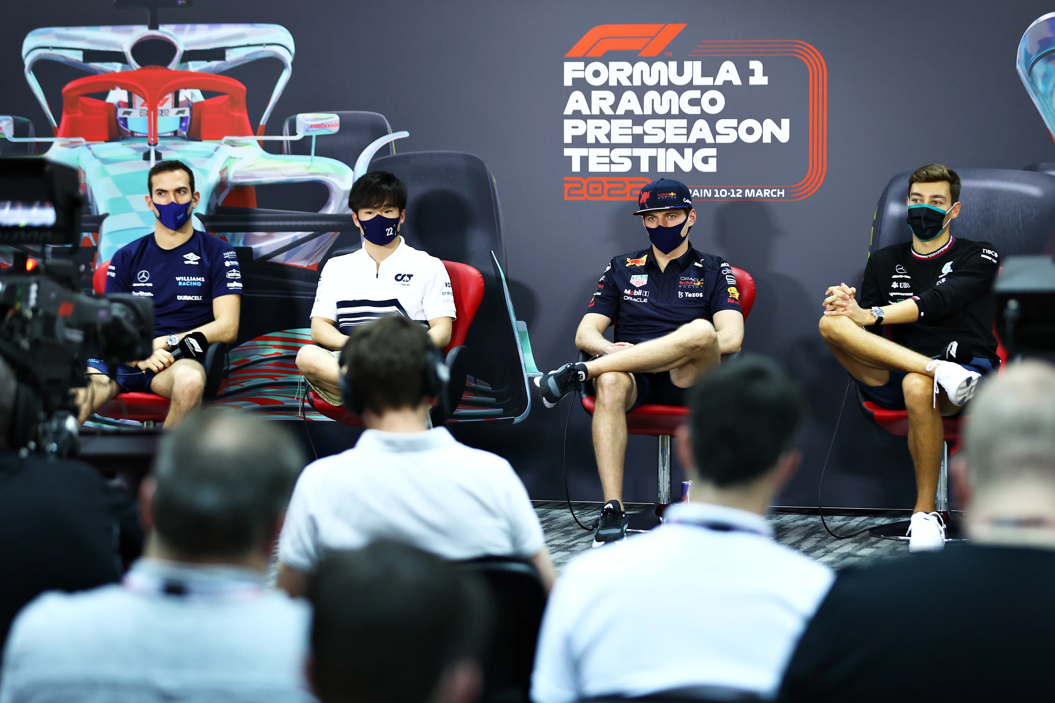 BAHRAIN, BAHRAIN - MARCH 10: Nicholas Latifi of Canada and Williams, Yuki Tsunoda of Japan and