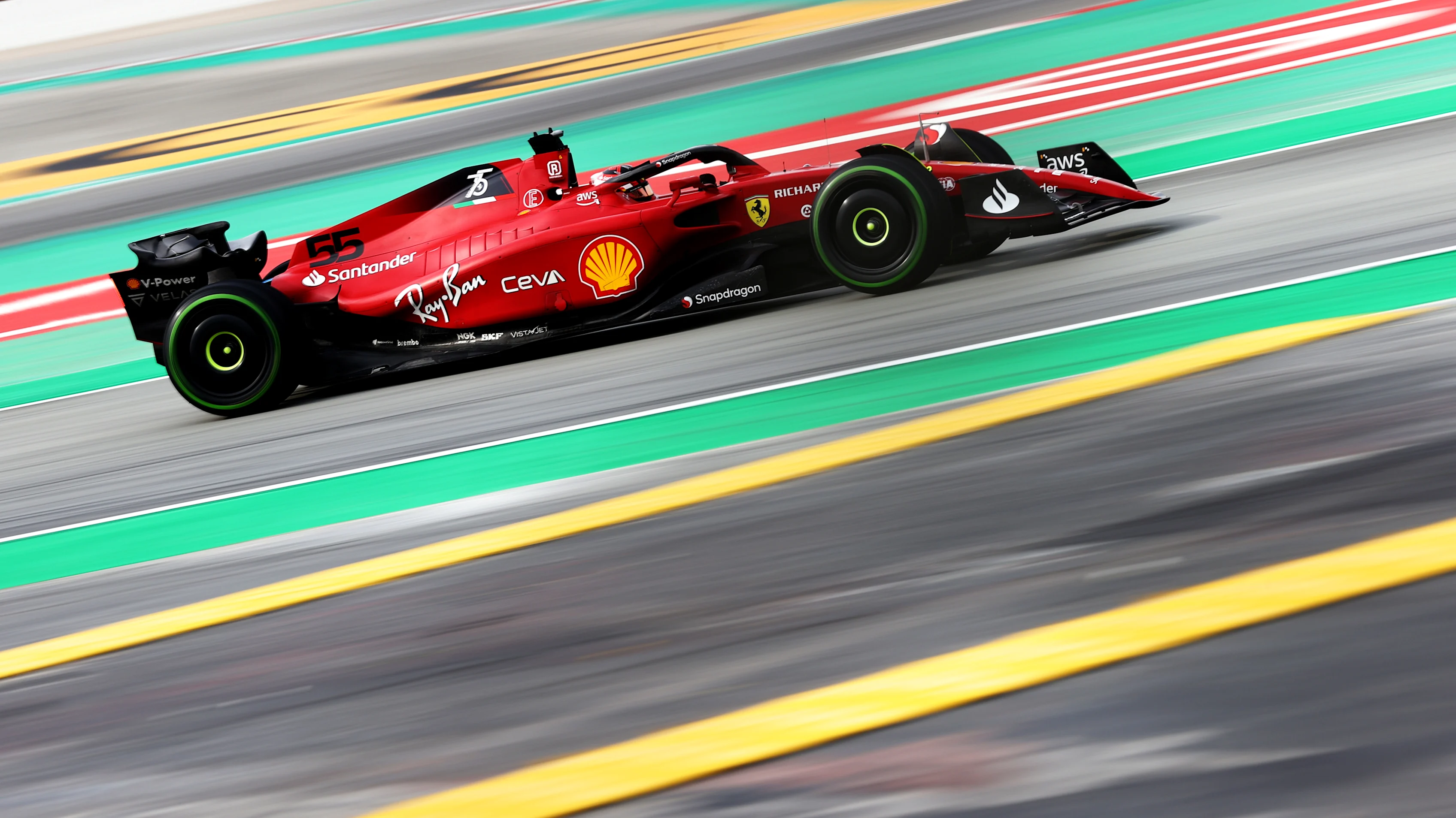 BARCELONA, SPAIN - FEBRUARY 25: Carlos Sainz of Spain driving (55) the Ferrari F1-75 on track during Day Three of F1 Testing at Circuit de Barcelona-Catalunya on February 25, 2022 in Barcelona, Spain. (Photo by Dan Istitene - Formula 1/Formula 1 via Getty Images)
