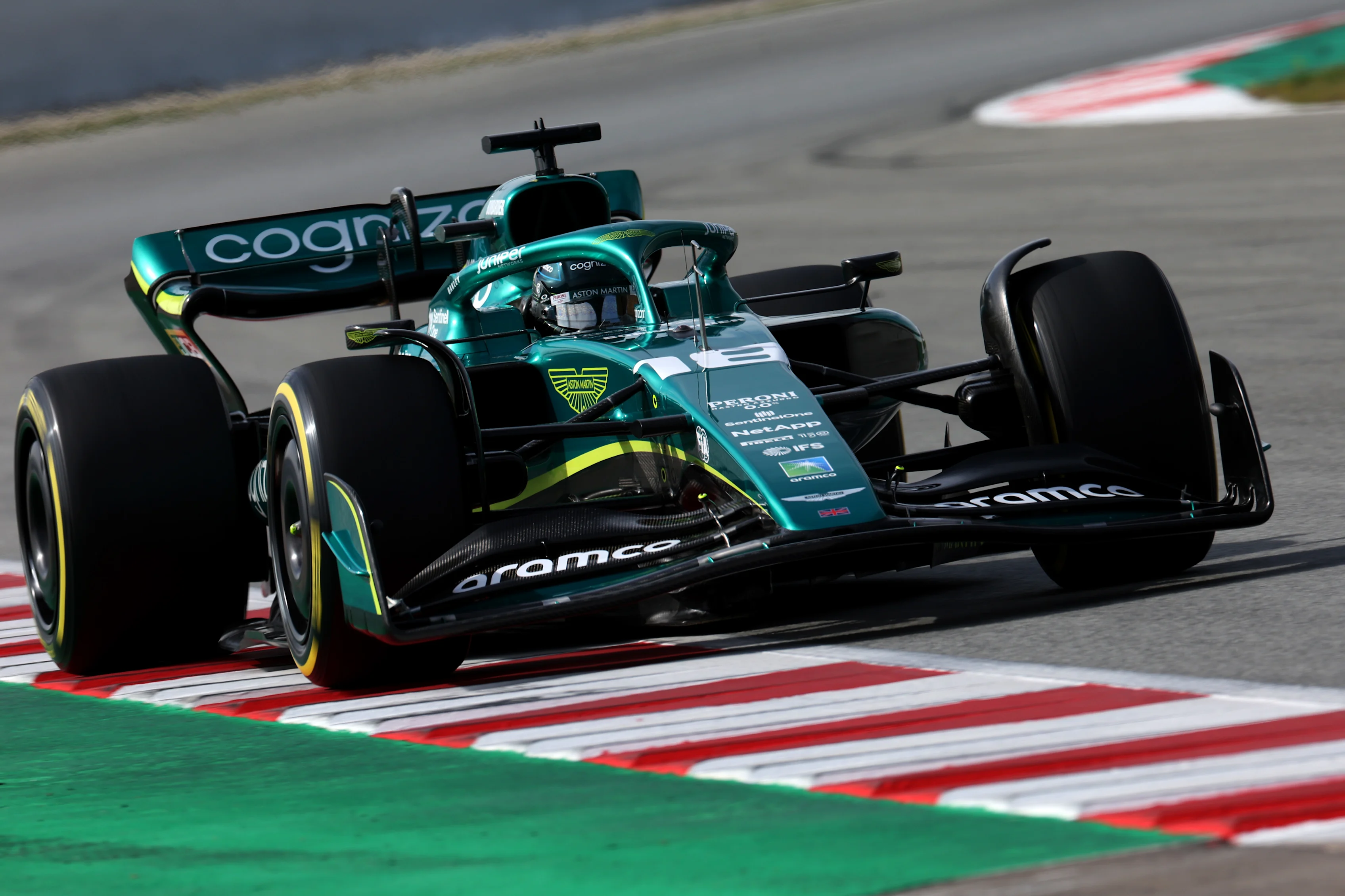 BARCELONA, SPAIN - FEBRUARY 24: Lance Stroll of Canada driving the (18) Aston Martin AMR22 Mercedes during Day Two of F1 Testing at Circuit de Barcelona-Catalunya on February 24, 2022 in Barcelona, Spain. (Photo by Mark Thompson/Getty Images)