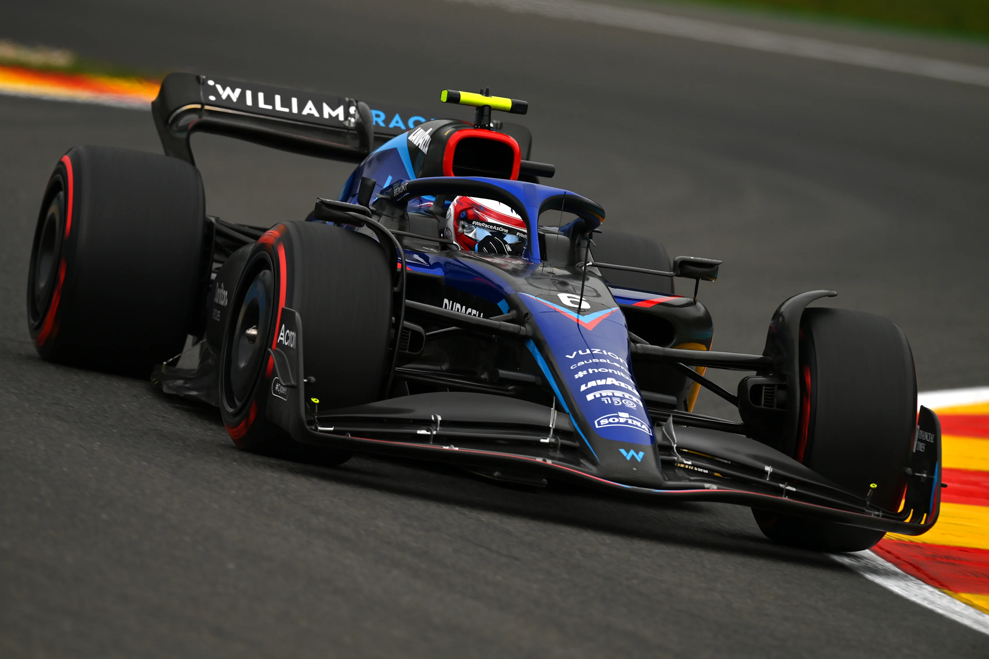 SPA, BELGIUM - AUGUST 26: Nicholas Latifi of Canada driving the (6) Williams FW44 Mercedes on track during practice ahead of the F1 Grand Prix of Belgium at Circuit de Spa-Francorchamps on August 26, 2022 in Spa, Belgium. (Photo by Dan Mullan/Getty Images)