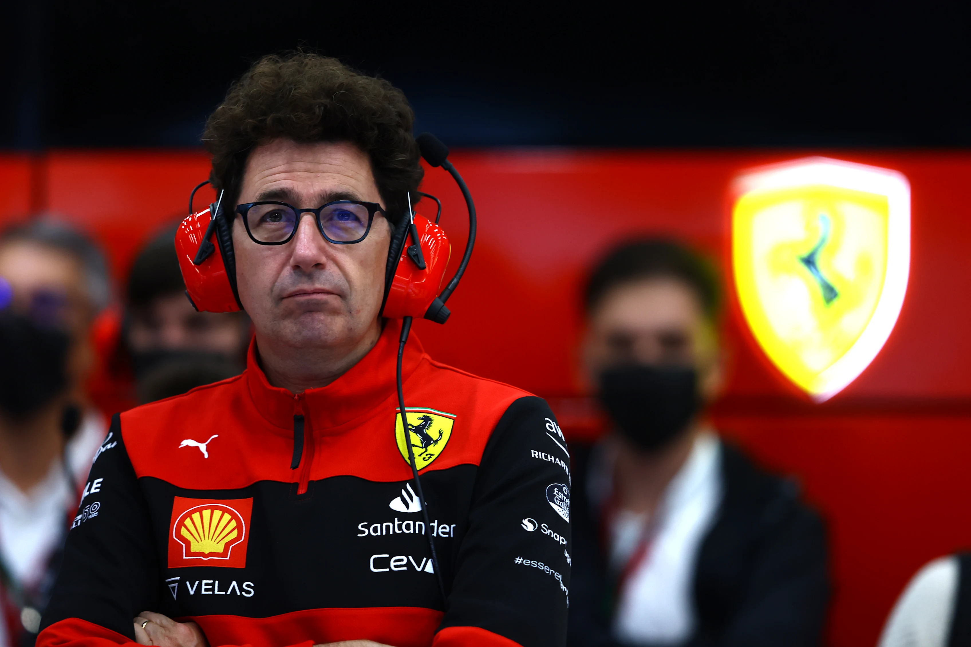 SPA, BELGIUM - AUGUST 26: Scuderia Ferrari Team Principal Mattia Binotto looks on in the garage